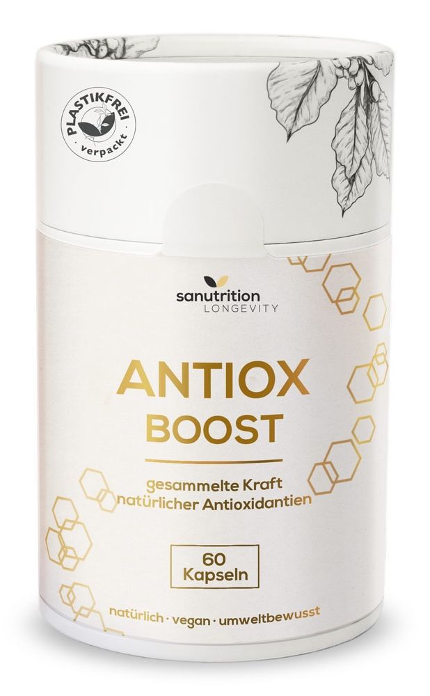 Zylindrische Dose mit "ANTIOX BOOST"-Aufdruck. Enthält 60 Kapseln. "Sanutrition"-Logo und "plastikfrei"-Siegel.
