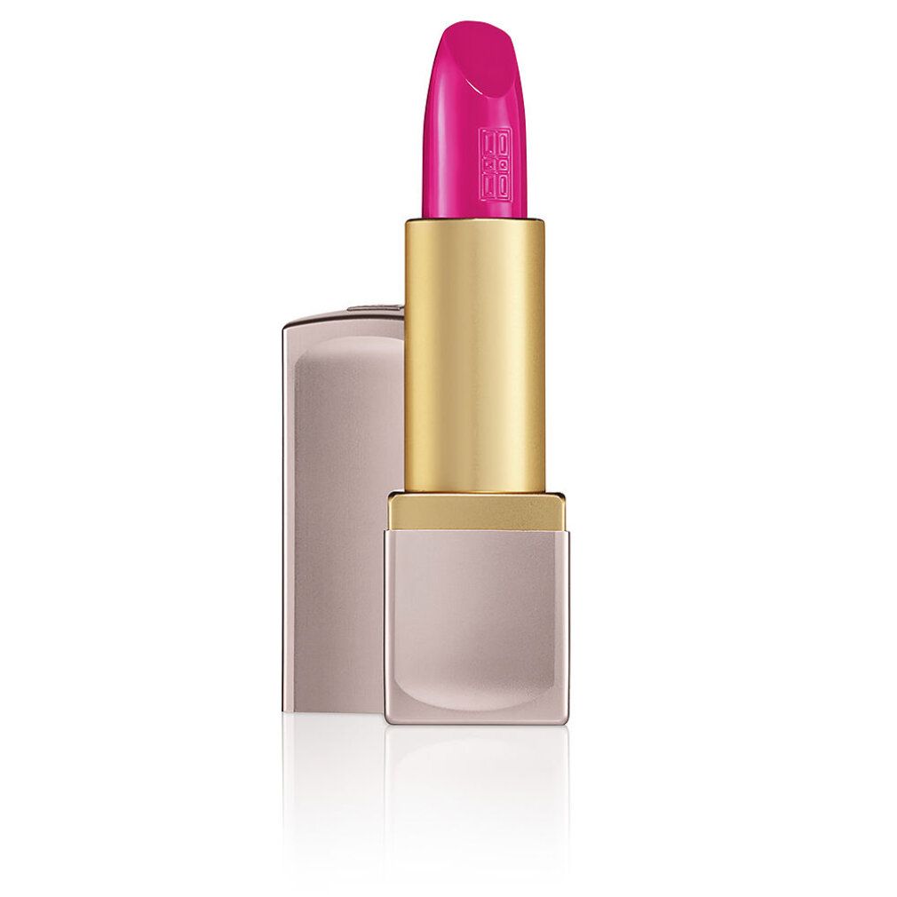 Lippenstift mit pinkfarbener Spitze und goldfarbenem Gehäuse. Der Lippenstift ist teilweise aus der rosafarbenen Hülse herausgedreht.