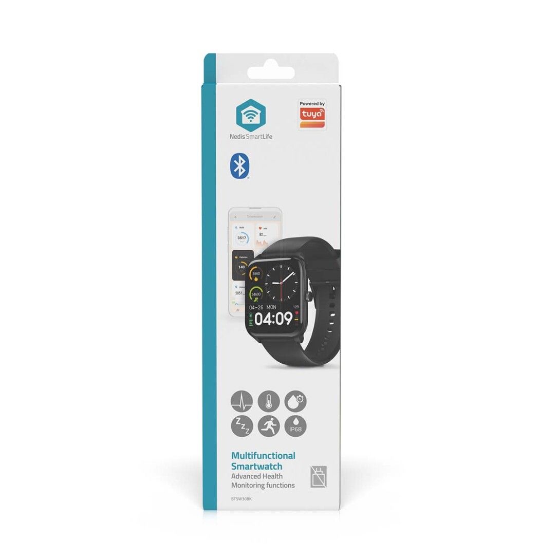 Verpackung der Smartwatch. Aufdruck: Smartwatch, Bluetooth, Funktionen, Nedis SmartLife-Logo. Abbildung der Uhr und App-Anzeige.