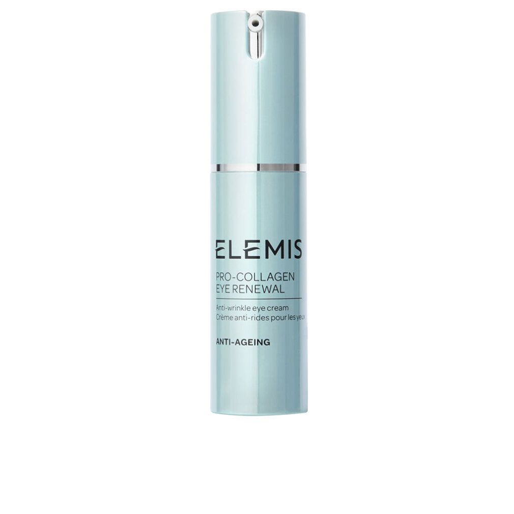 Zylindrische Flasche. Elemis Pro-Collagen Eye Renewal. Türkis-farben. Mit Spender. Anti-Aging-Aufschrift.