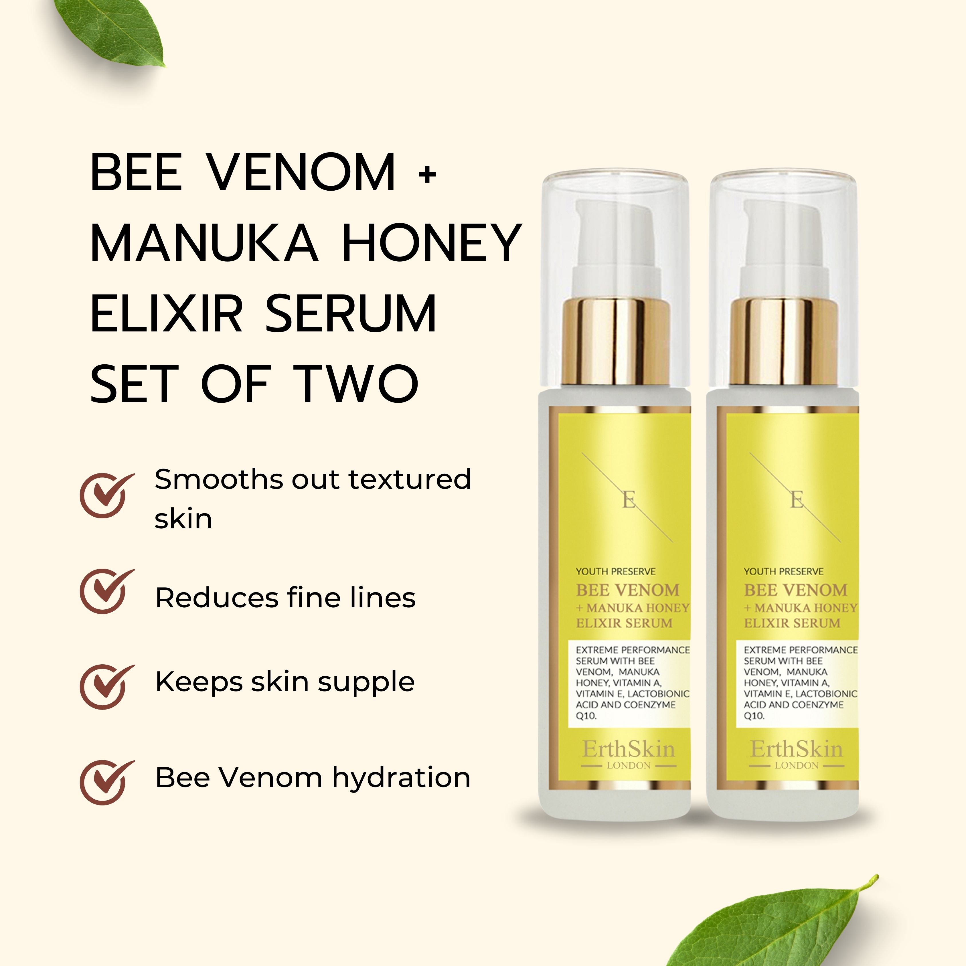 Zwei Serumflaschen mit gelben Etiketten, goldfarbenen Pumpköpfen und transparenten Kappen. Text: "Bee Venom + Manuka Honey Elixir Serum".
