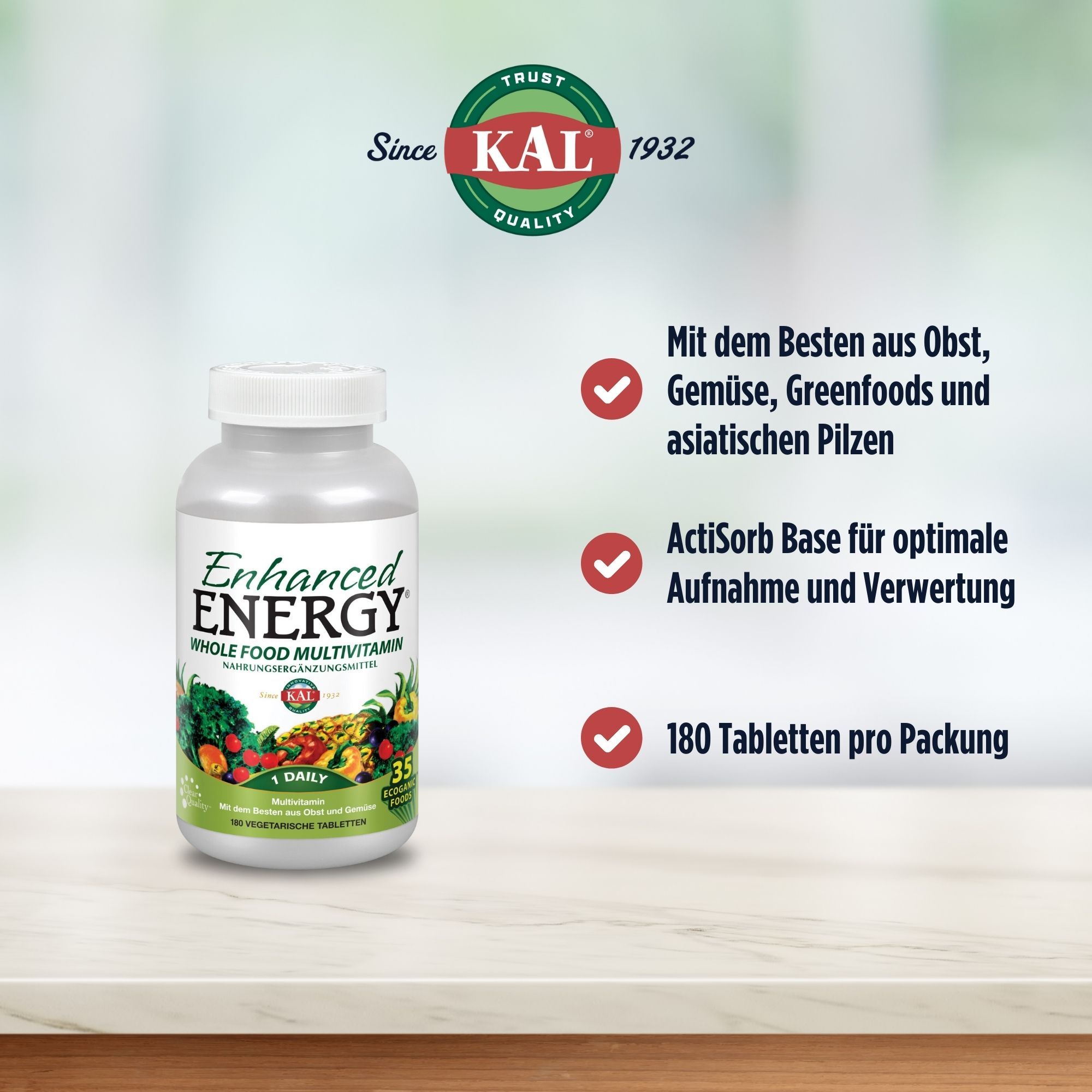 Eine Flasche KAL Enhanced Energy Multivitamin. Text: Mit dem Besten aus Obst, Gemüse, Greenfoods und asiatischen Pilzen. 180 Tabletten.