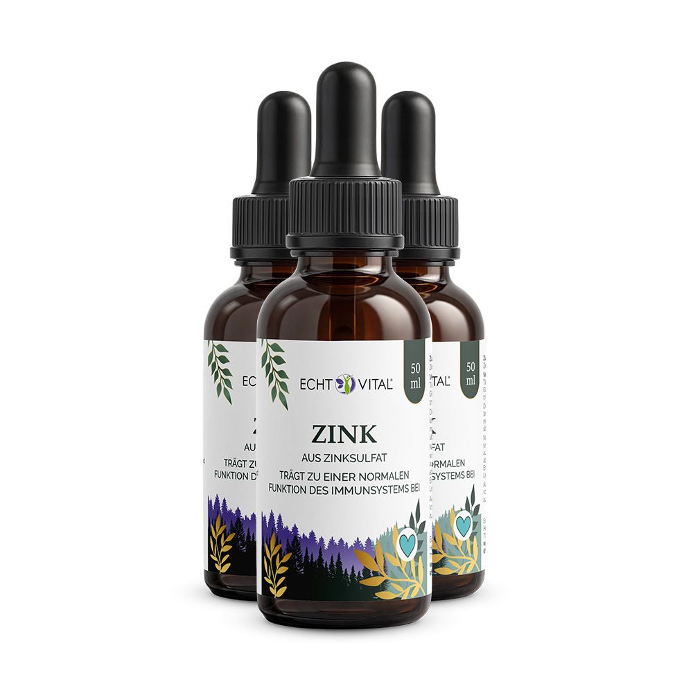 Drei Flaschen Echt Vital Zink mit Etiketten. Braunglasflaschen mit Pipettenaufsatz. Text: Zink, 50 ml.