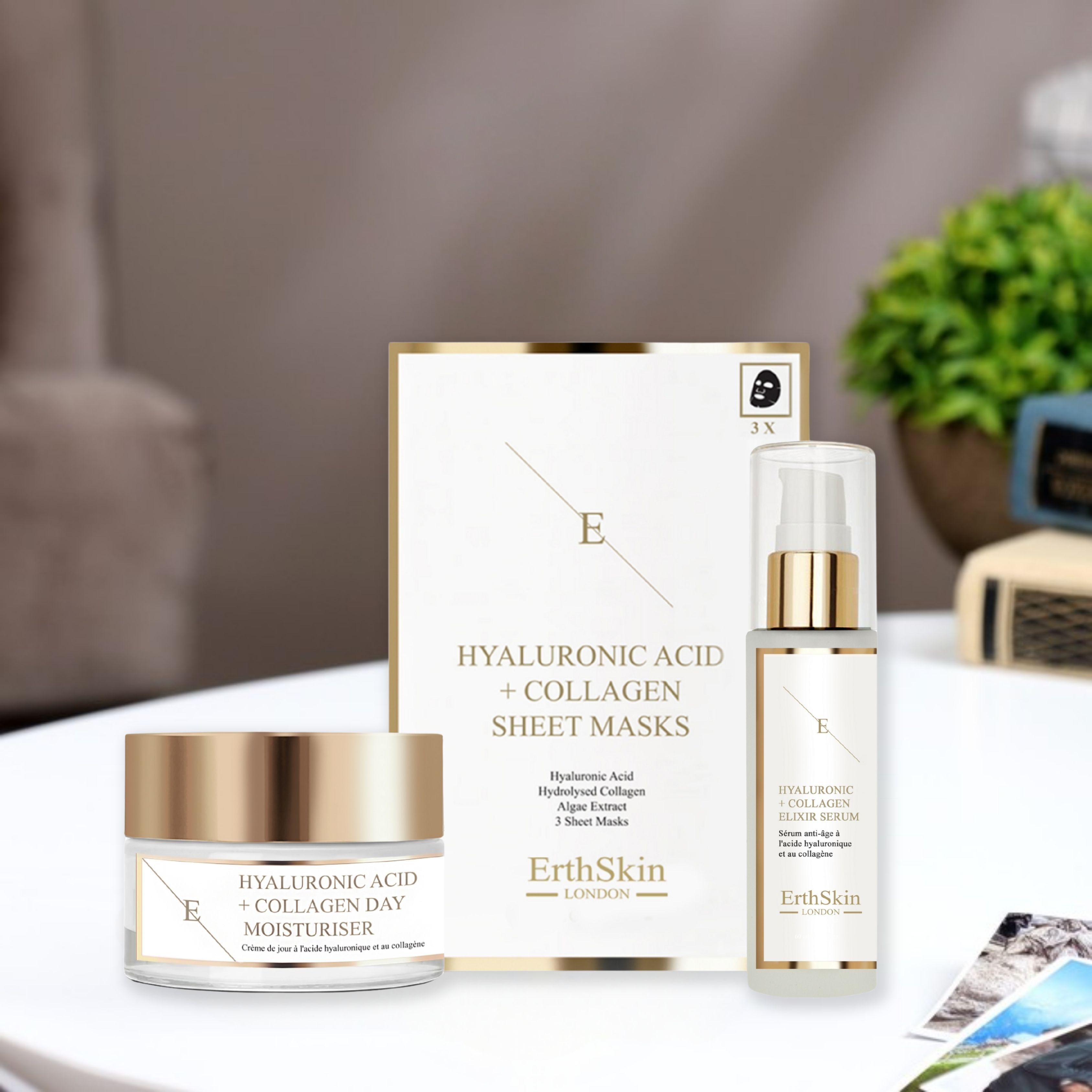 ErthSkin London Tagescreme mit Hyaluronsäure + Serum mit Hyaluronsäure und Kollagen + Maske