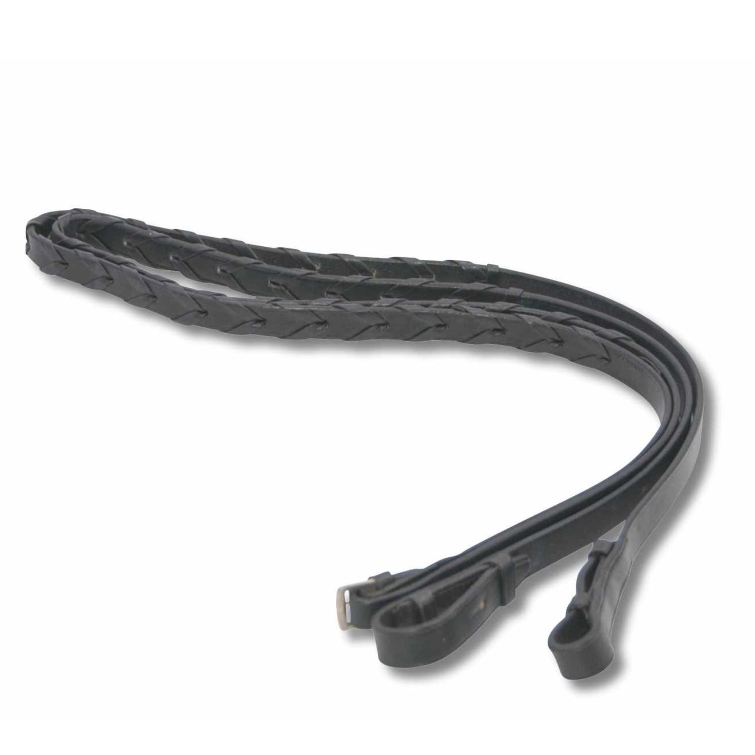 Geflochtene Lederzügel. Schwarzes Leder, Schnallen an den Enden.