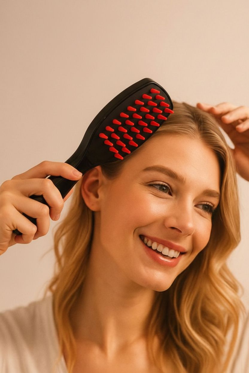 Frau mit blonden Haaren benutzt eine schwarze Haarbürste mit roten Borsten auf ihrem Kopf.