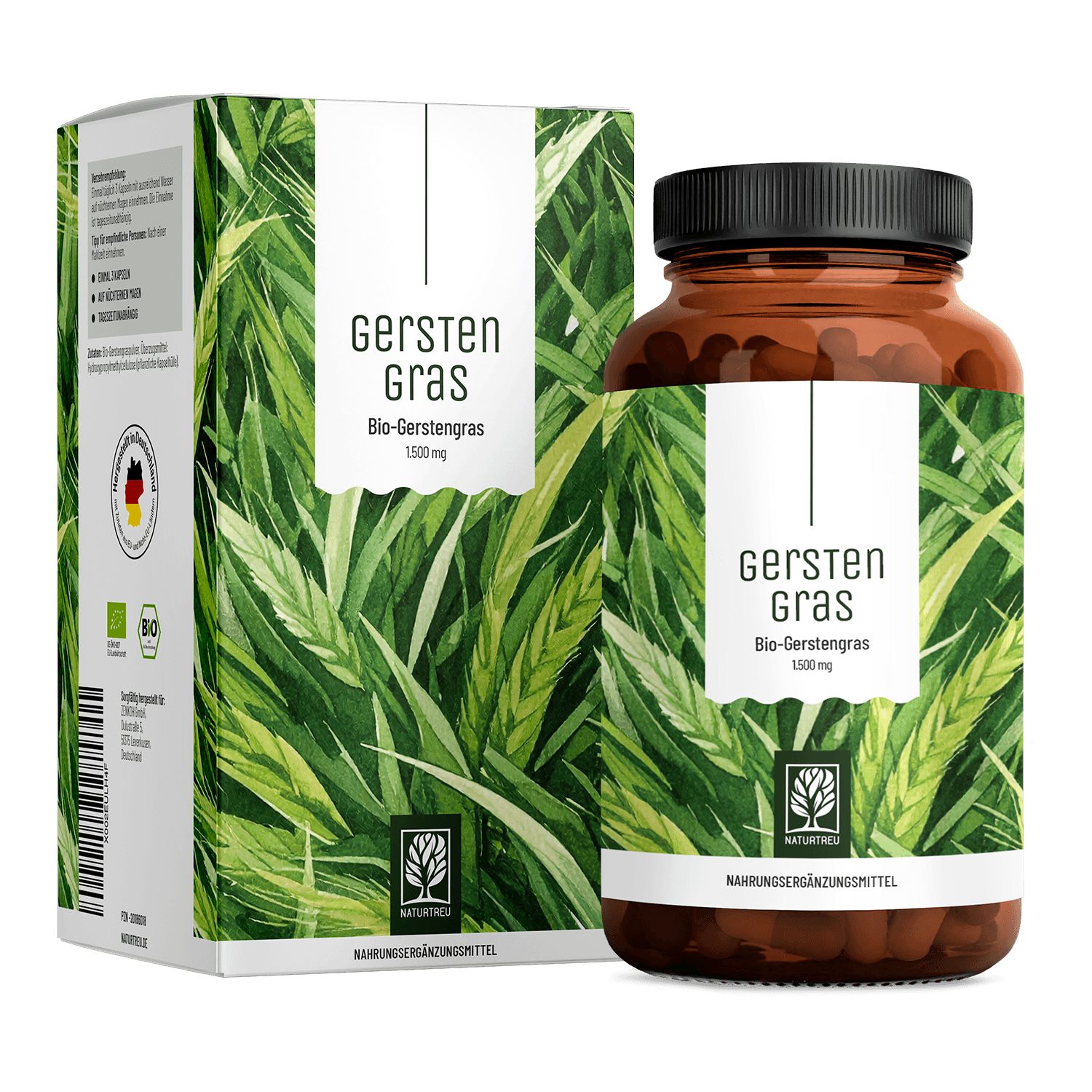 Flasche und Karton mit Gerstengras-Kapseln, Bio-Qualität, 1500 mg.