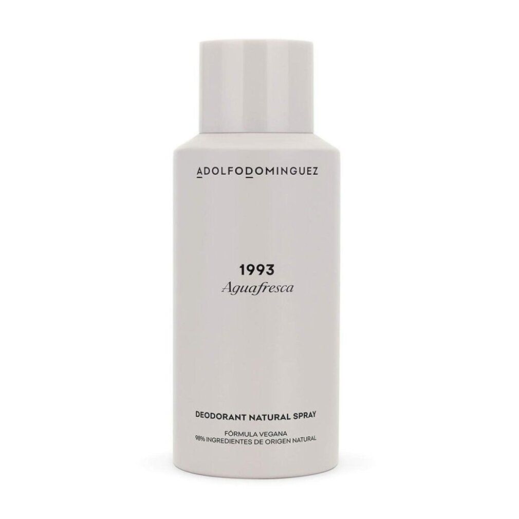 Zylindrische Flasche mit weißem Deckel. Aufschrift ADOLFODOMINGUEZ, 1993, Agua Fresca. Deodorant Natural Spray.