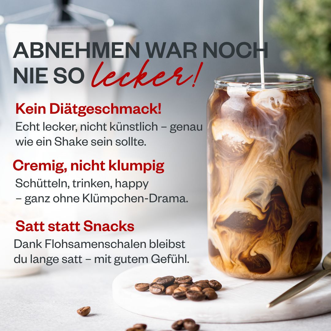Glas mit Shake, Eiswürfeln und Kaffeebohnen. Text: "Abnehmen war noch nie so lecker!" und weitere Produktvorteile.