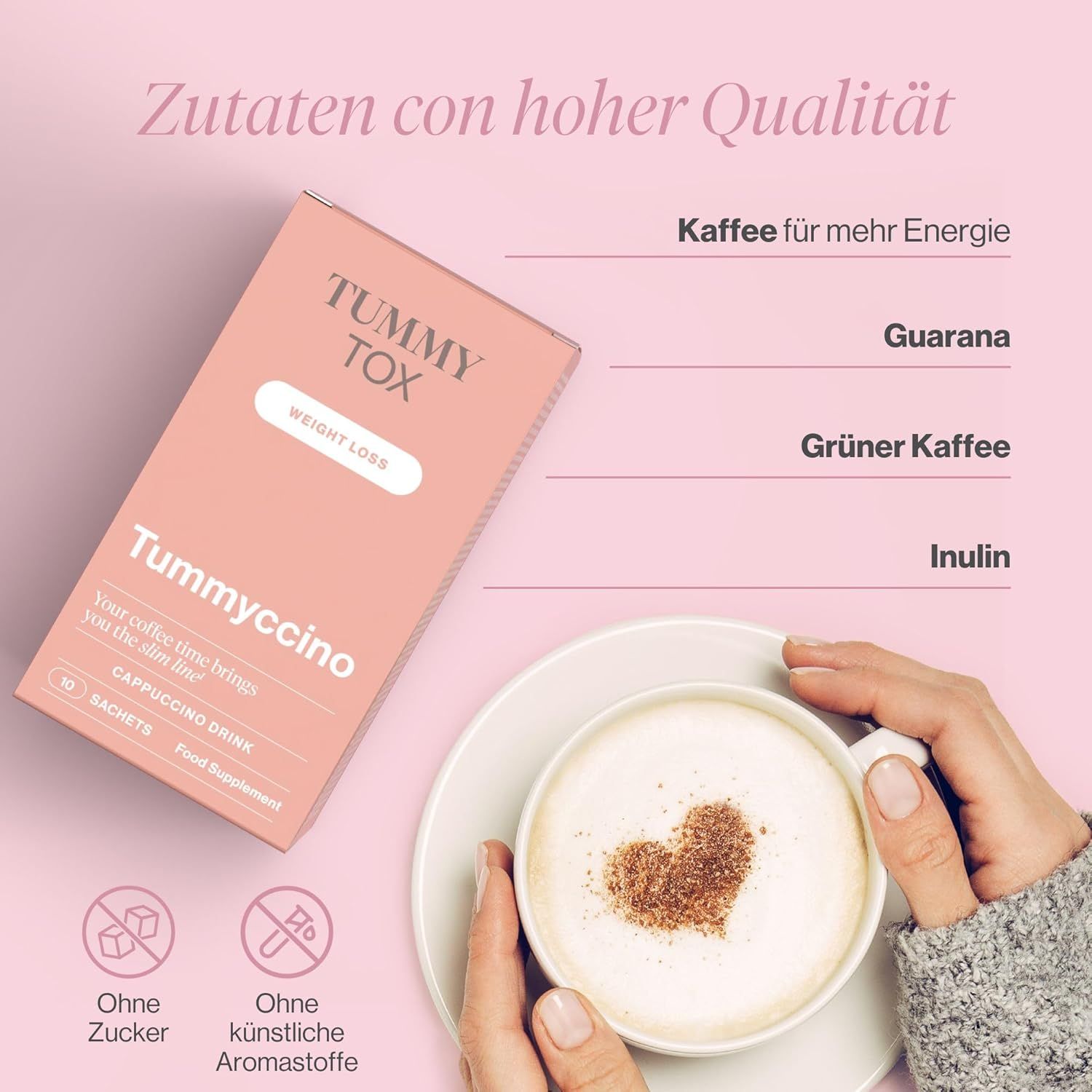 Tummy Tox Tummyccino-Packung, daneben Zutaten: Kaffee, Guarana, Grüner Kaffee, Inulin. Cappuccino mit Herzmuster.