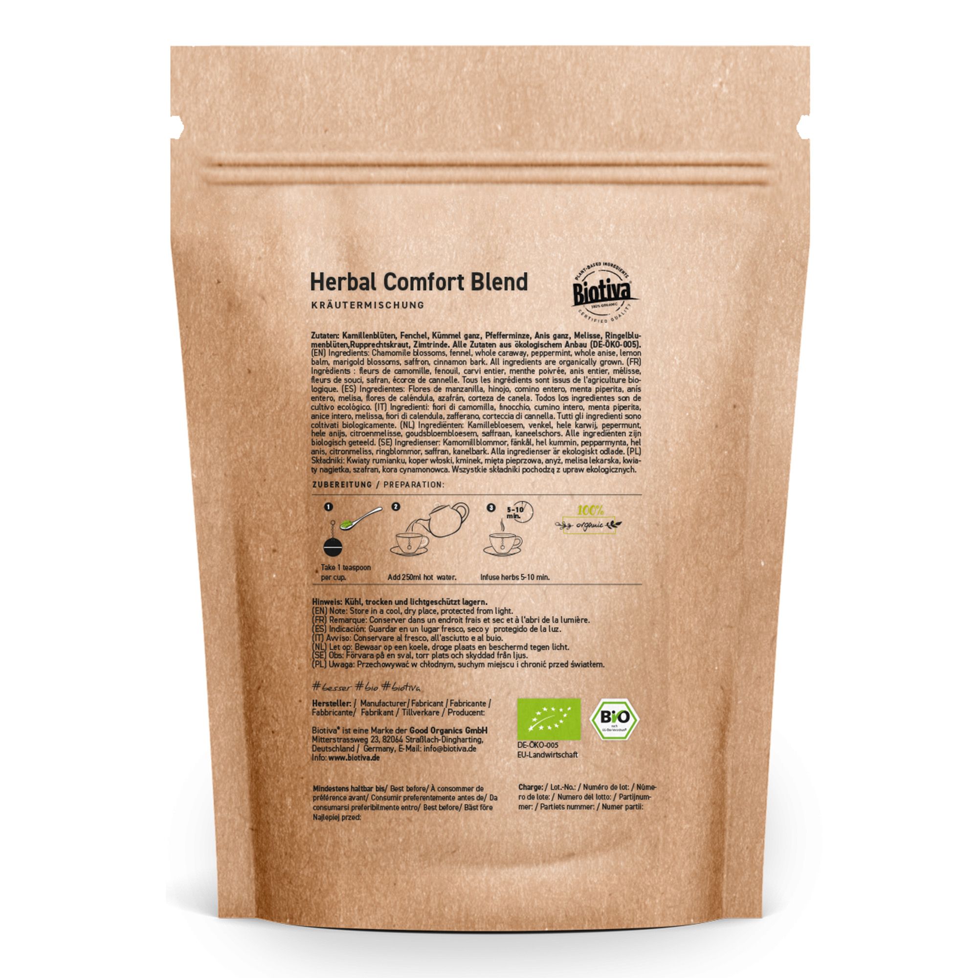 Braune Papierverpackung mit Text. Aufschrift: Herbal Comfort Blend, Biotiva. Bio-Zertifizierung. Zutatenliste und Zubereitungshinweise.