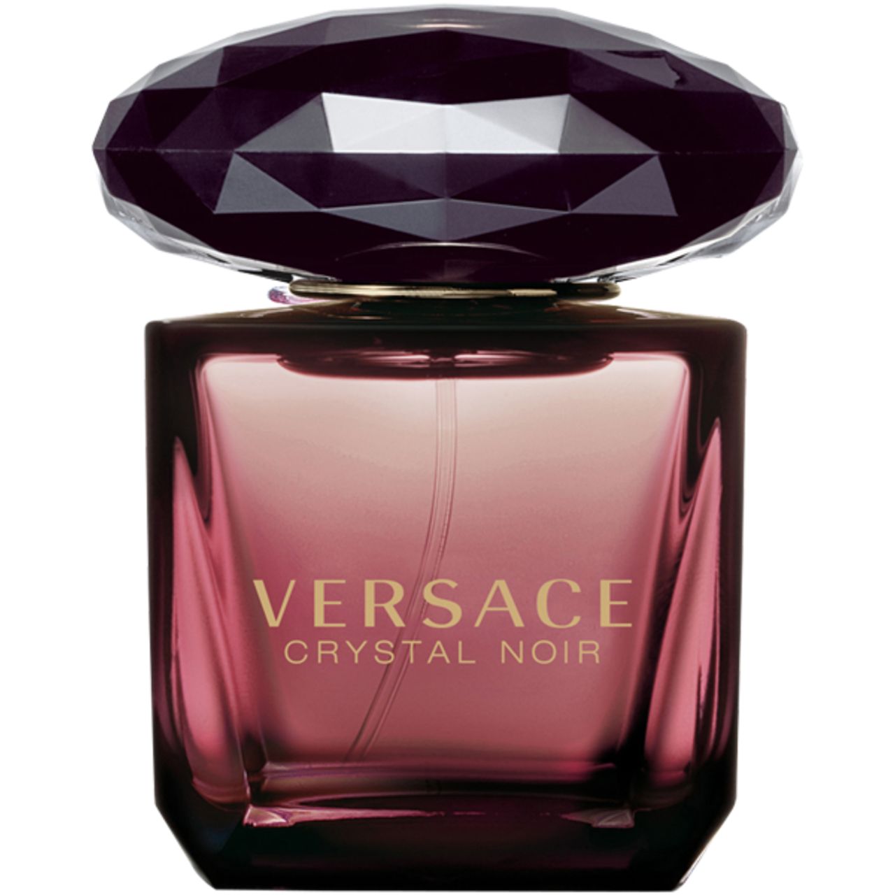 Versace Crystal Noir Eau de Parfum Flakon. Quadratische Form, dunkler Farbton, mit facettiertem Deckel.
