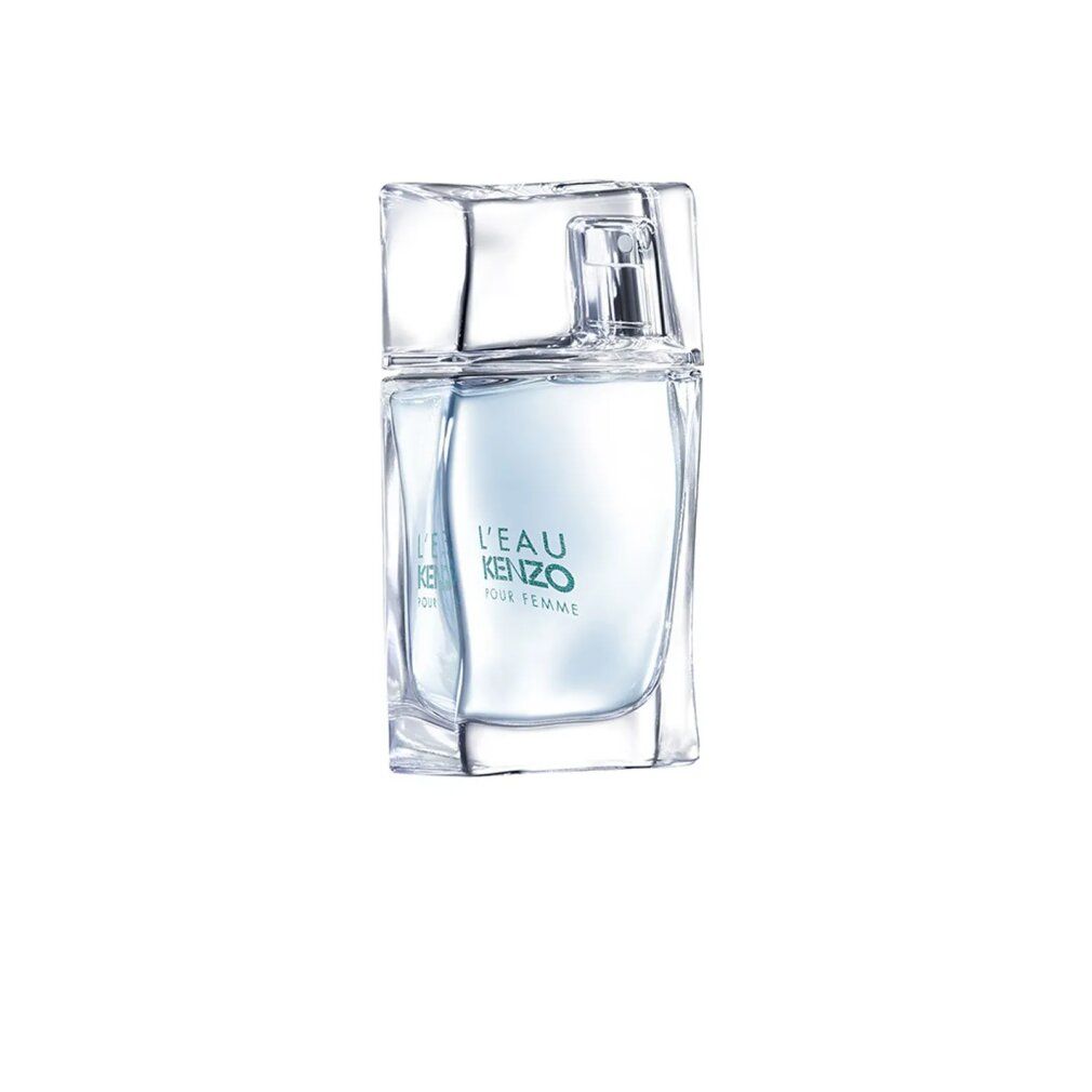 Quadratische, transparente Parfümflasche mit silbernem Verschluss. Aufschrift: L'EAU KENZO POUR FEMME.