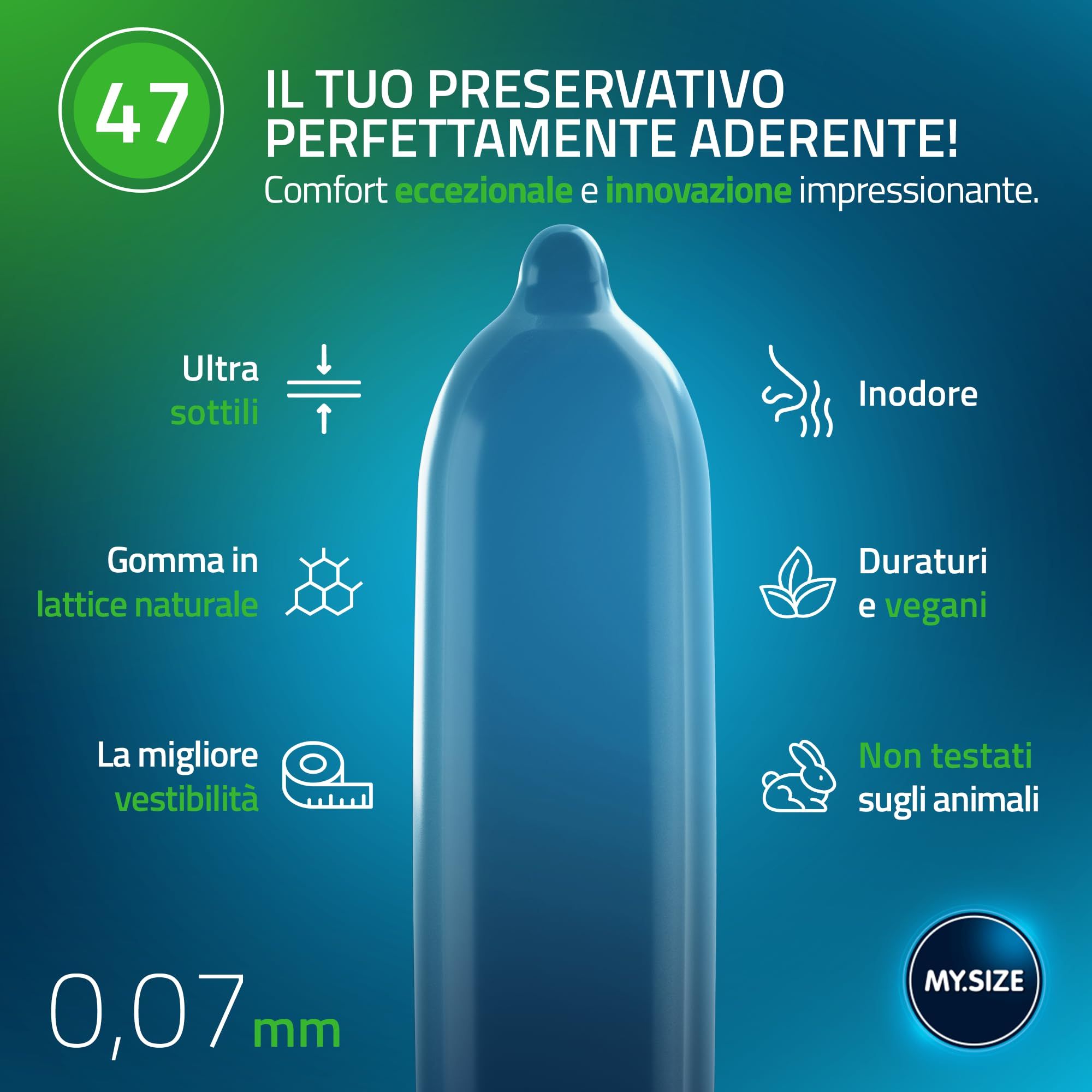 Ein blauer MY.SIZE Kondom aus Naturkautschuklatex, 0,07mm dünn, geruchlos und vegan.