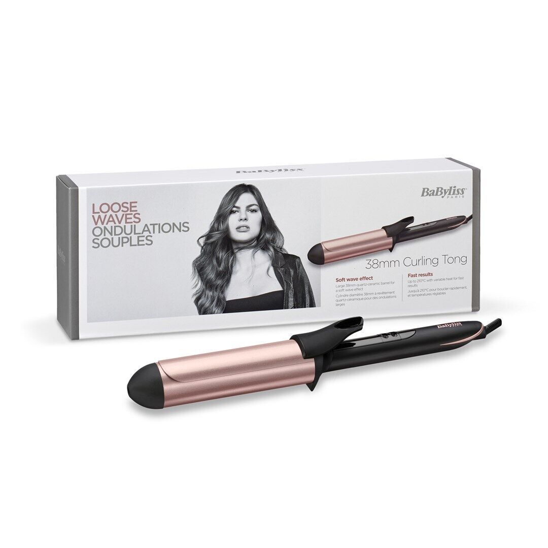 BaByliss Lockenstab mit roségoldfarbenem Lockenstab und schwarzem Griff, in Verpackung. Aufschrift: 38mm Curling Tong.
