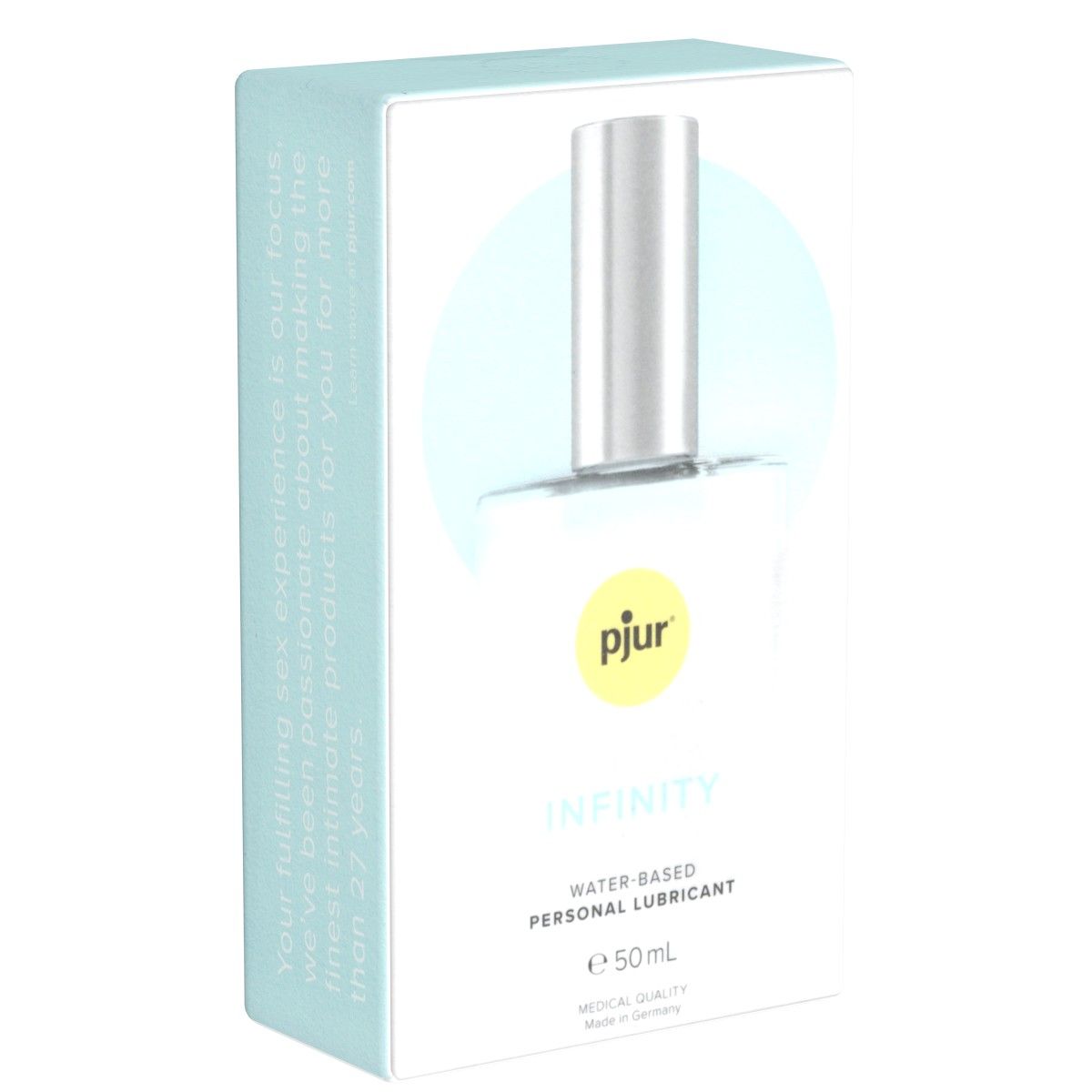 Produktverpackung mit Logo und Produktbezeichnung. Flasche mit silbernem Verschluss. Text: Infinity, Wasserbasiertes Gleitmittel, 50ml.