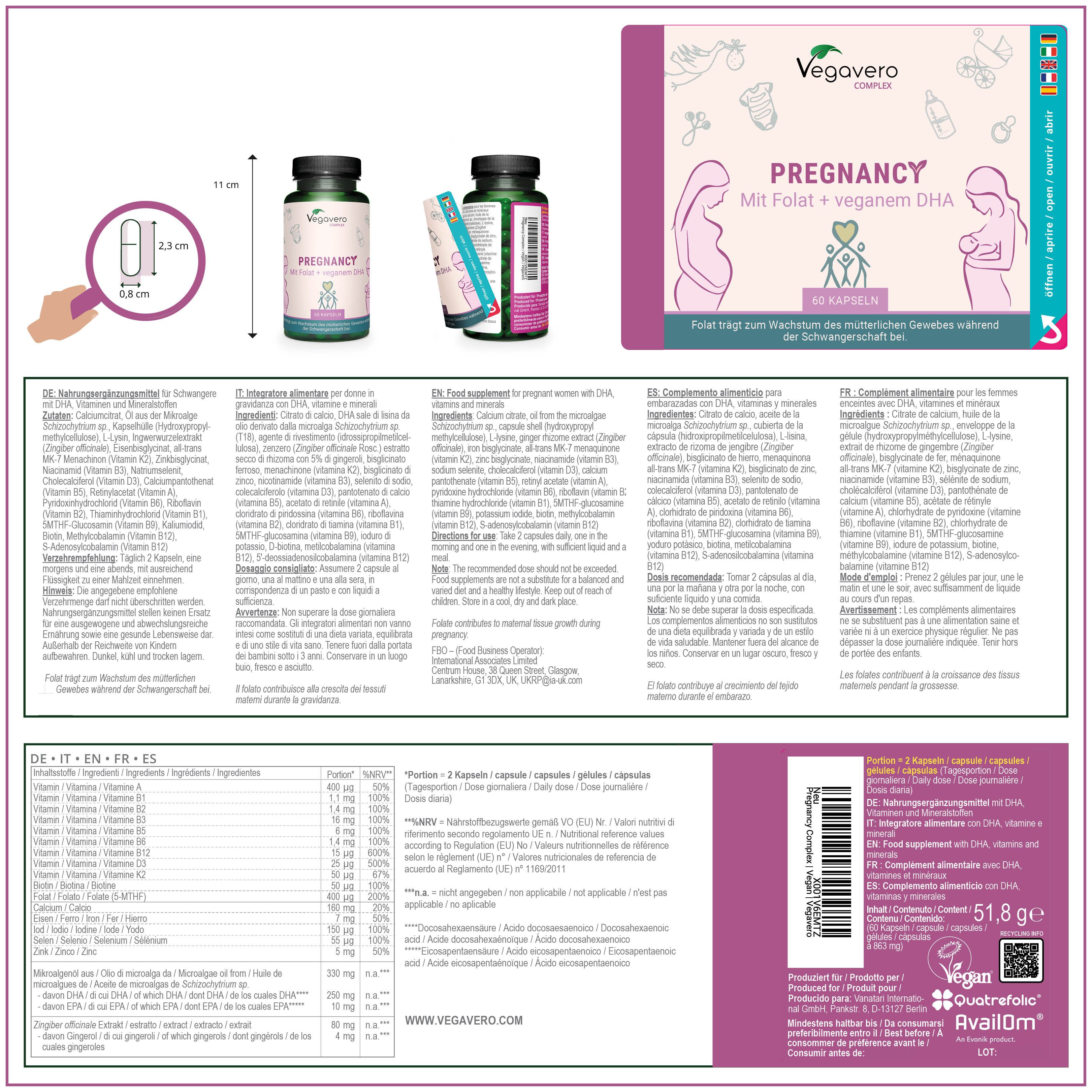 Produktverpackung mit Informationen. Enthält Flaschen und eine Broschüre. Text in mehreren Sprachen.