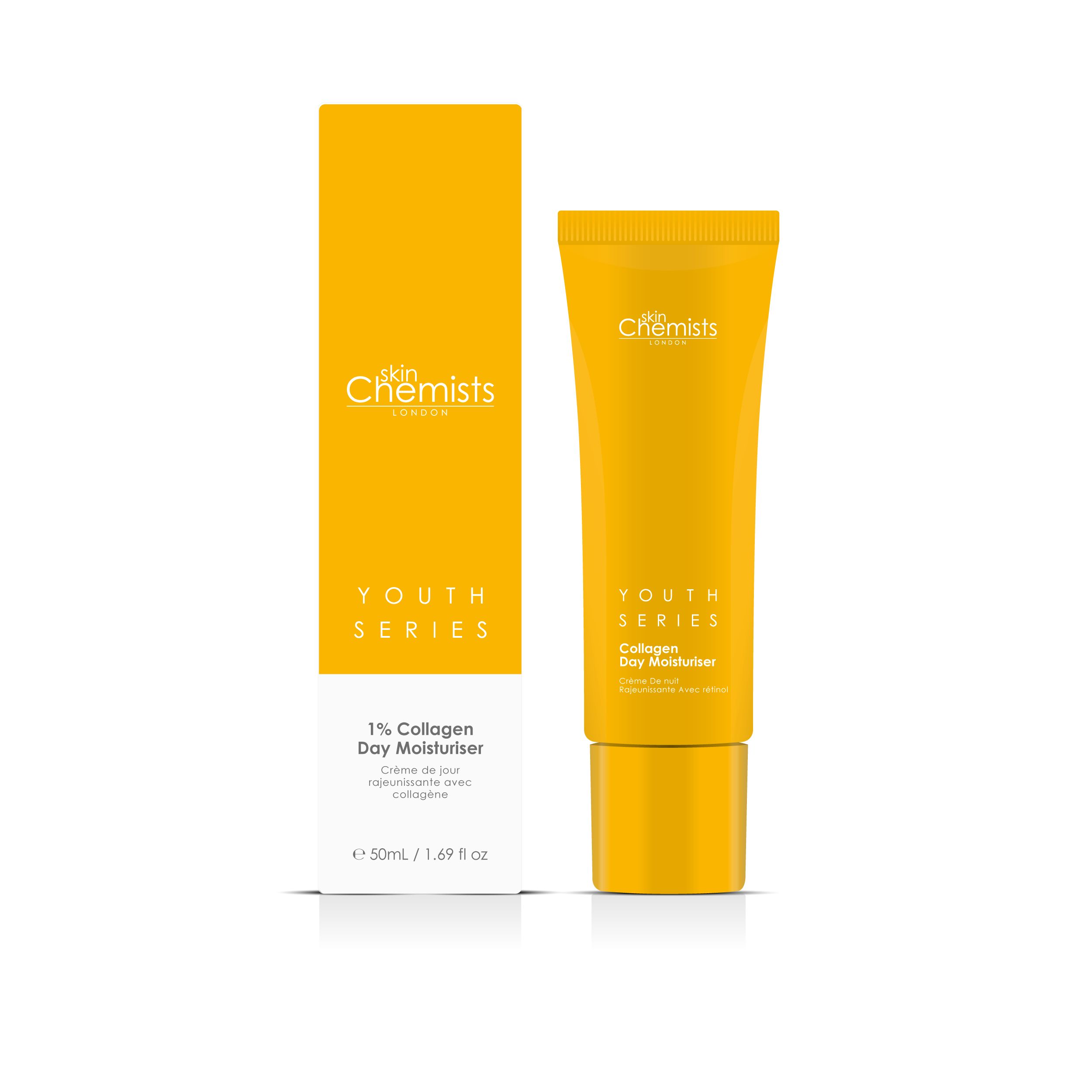 Gelbe Tube und Schachtel mit "skinChemists" und "Youth Series Collagen Day Moisturiser". Text: 1% Collagen.