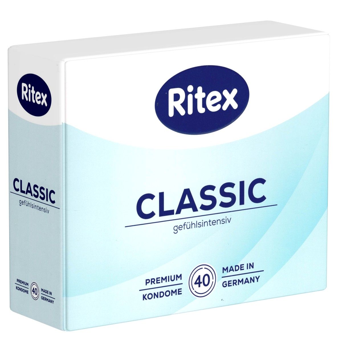 Ritex Classic Packung. Blaue und weiße Verpackung mit Produktnamen und Logo. Enthält 40 Kondome.