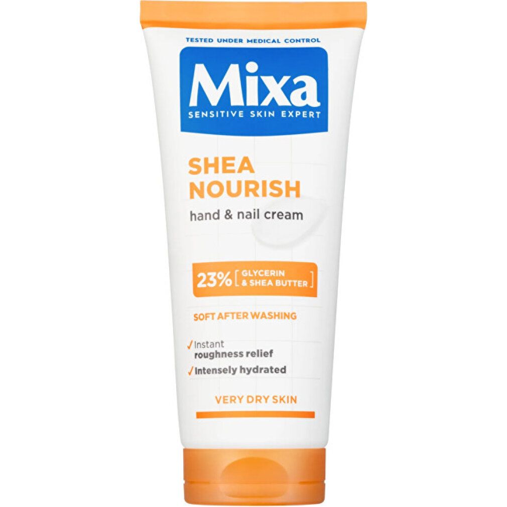 Weiße Tube mit orangefarbenen Akzenten. Aufschrift: Mixa Shea Nourish, 23% Glycerin & Sheabutter. Für sehr trockene Haut.