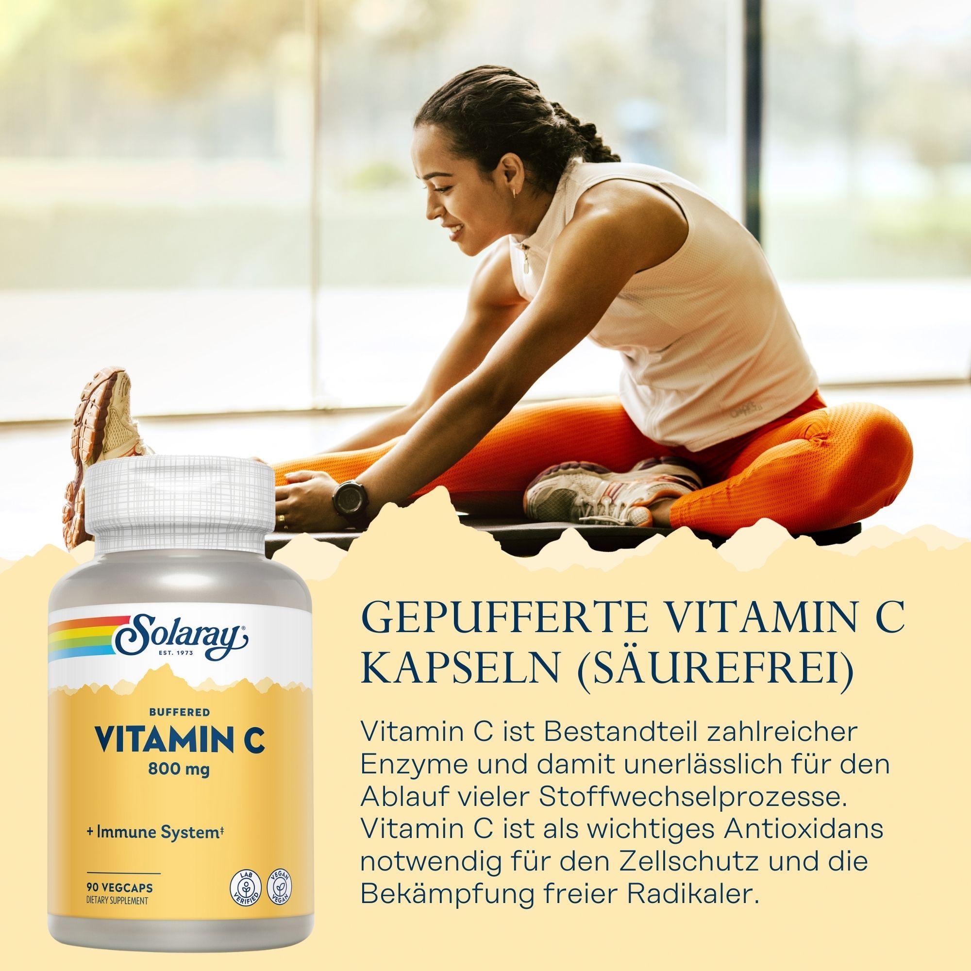 Solaray Vitamin C Flasche, 800 mg, 90 Vegicaps. Frau dehnt sich. Text: Gepufferte Vitamin C Kapseln (säurefrei).