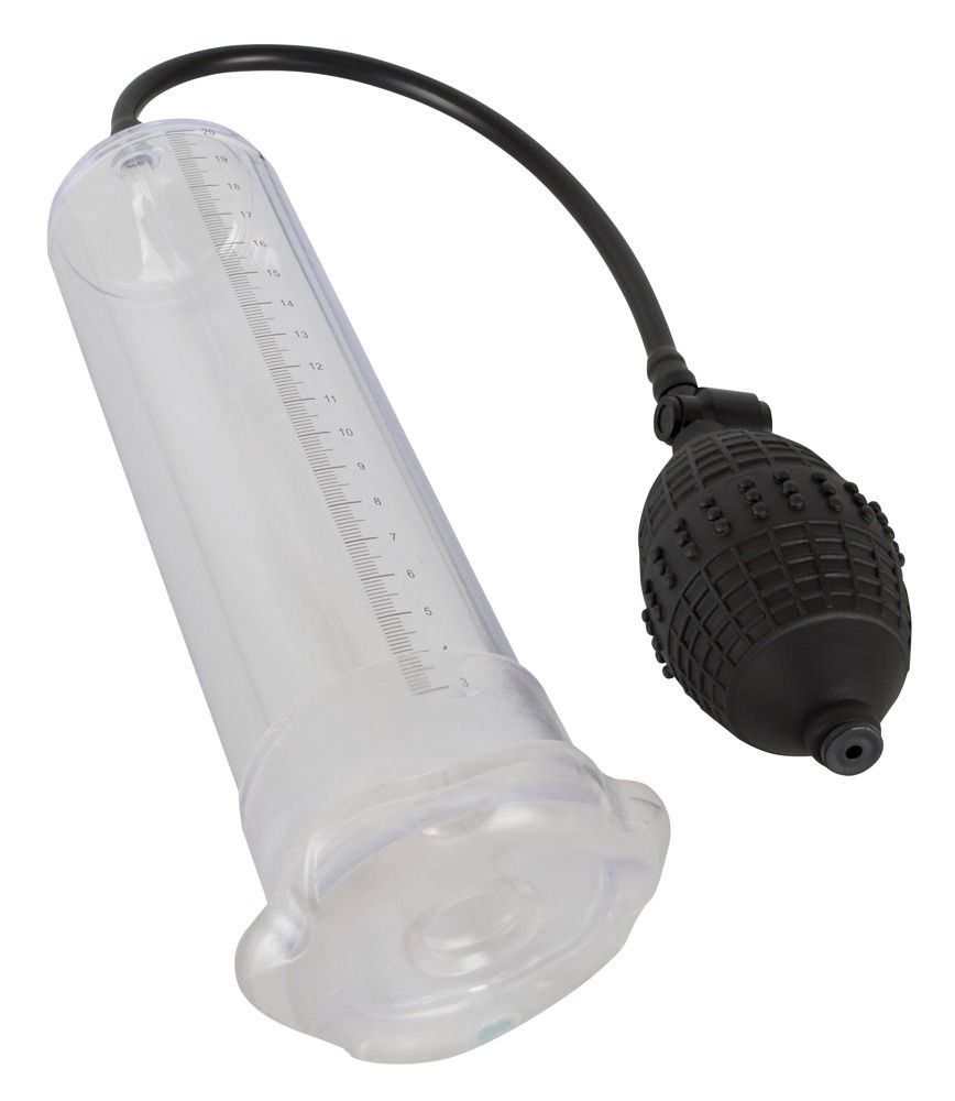 Transparenter Zylinder mit Messskala, verbunden mit schwarzem Schlauch und Pumpe. Schwarze Pumpe mit geriffelter Oberfläche.