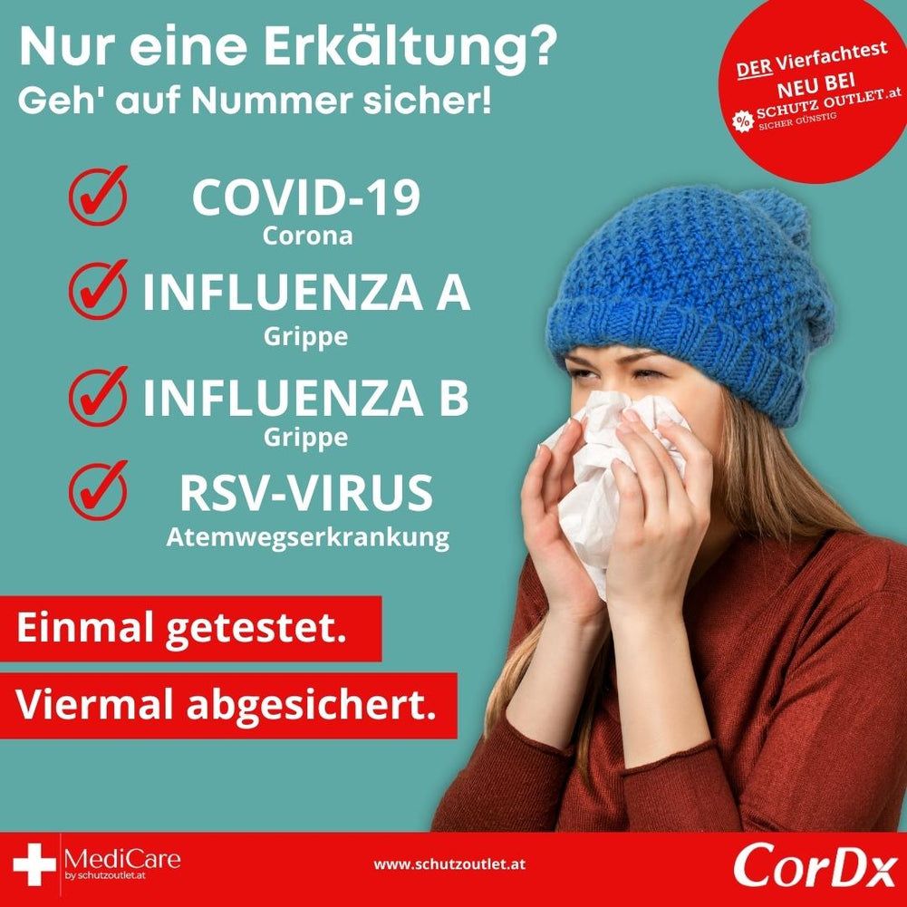 Frau mit blauer Mütze hält Taschentuch. Text: COVID-19, Influenza A/B, RSV-Virus. Logo: CorDx, Medicare.