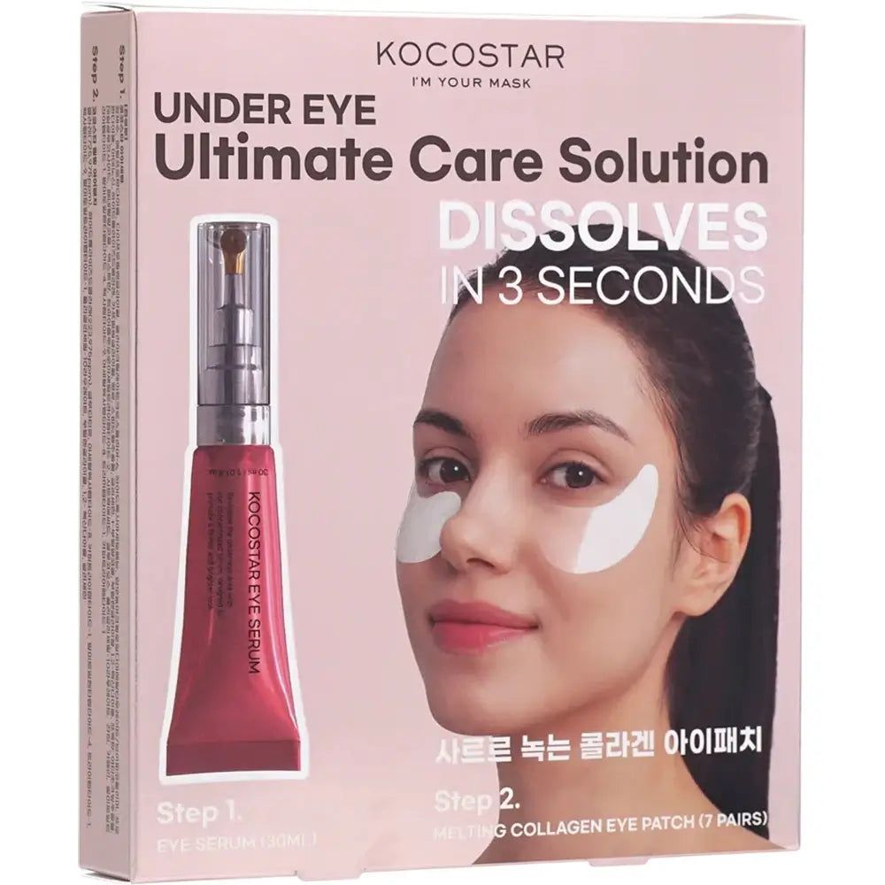 KOCOSTAR Augenpartie Ultimate Care Solution. Rosa Verpackung mit Serum und Augen-Pads. Frau mit Augen-Pads. Text: "Dissolves in 3 seconds".