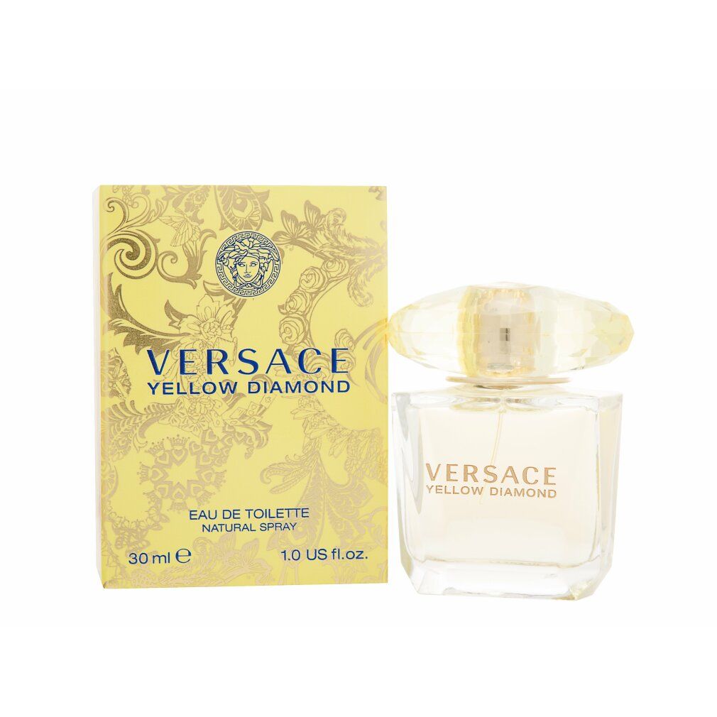 Gelbe Schachtel und Flakon. Auf der Schachtel steht "VERSACE YELLOW DIAMOND". Der Flakon hat einen gelben Deckel.