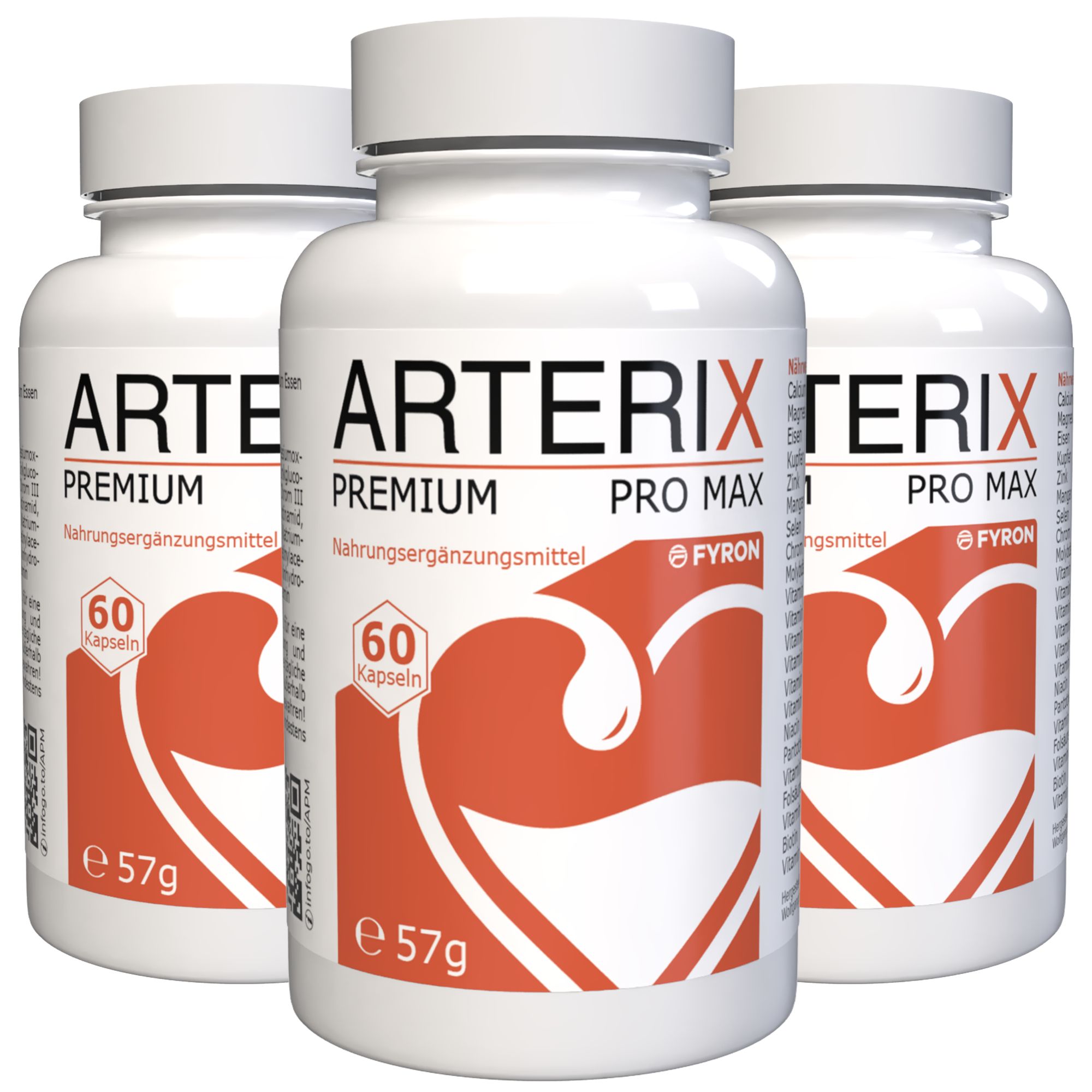 Drei weiße Flaschen "ARTERIX PREMIUM PRO MAX". 60 Kapseln, 57g.