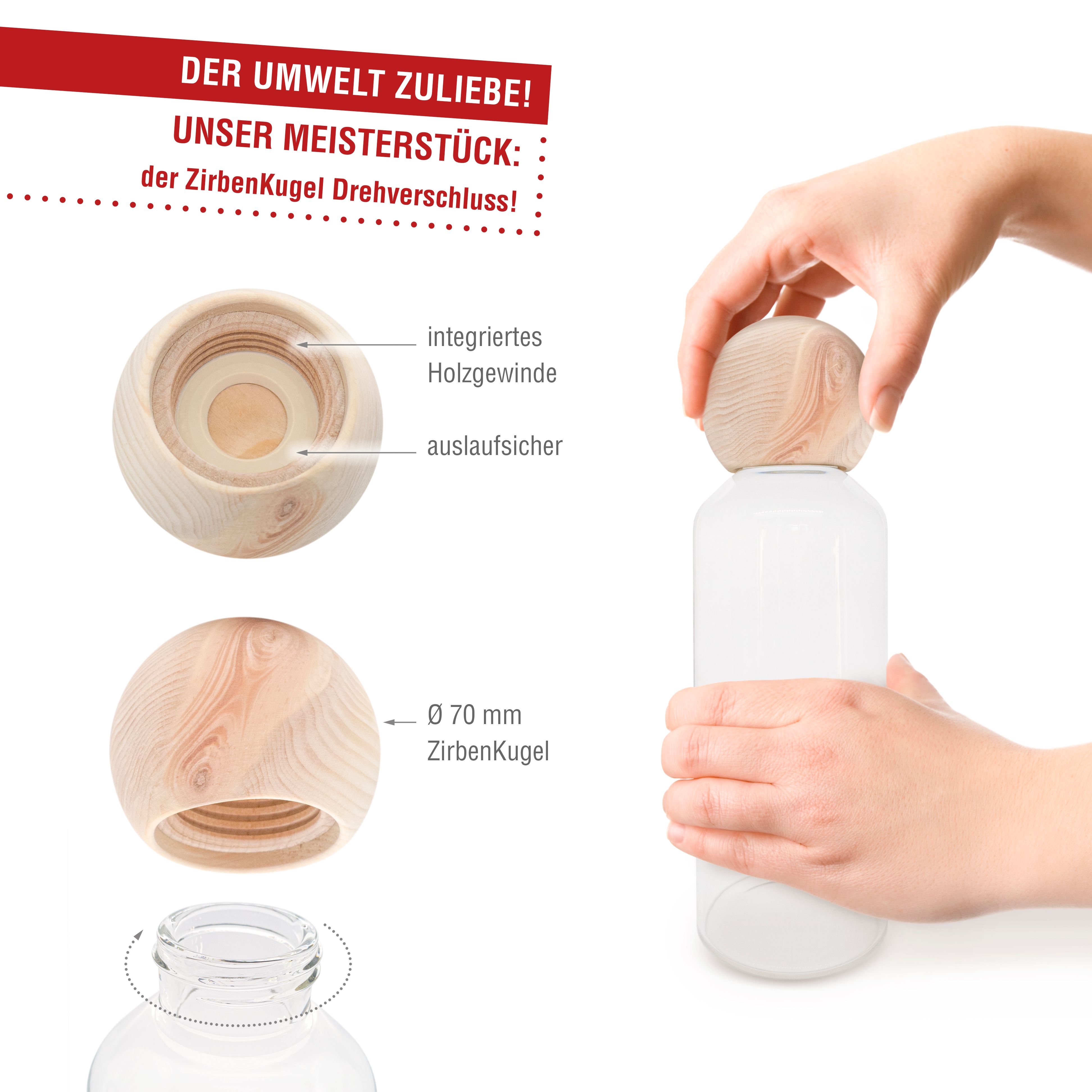 Holzkugelverschluss und Flaschenhals. Details: Holzgewinde, auslaufsicher, Durchmesser 70 mm.