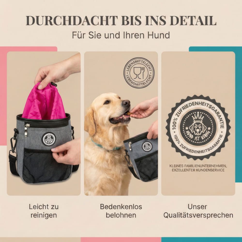 Futterbeutel mit pinkem Innenfutter. Leicht zu reinigen, bedenkenlos belohnen. 100% Zufriedenheitsgarantie. Kleines Familienunternehmen.