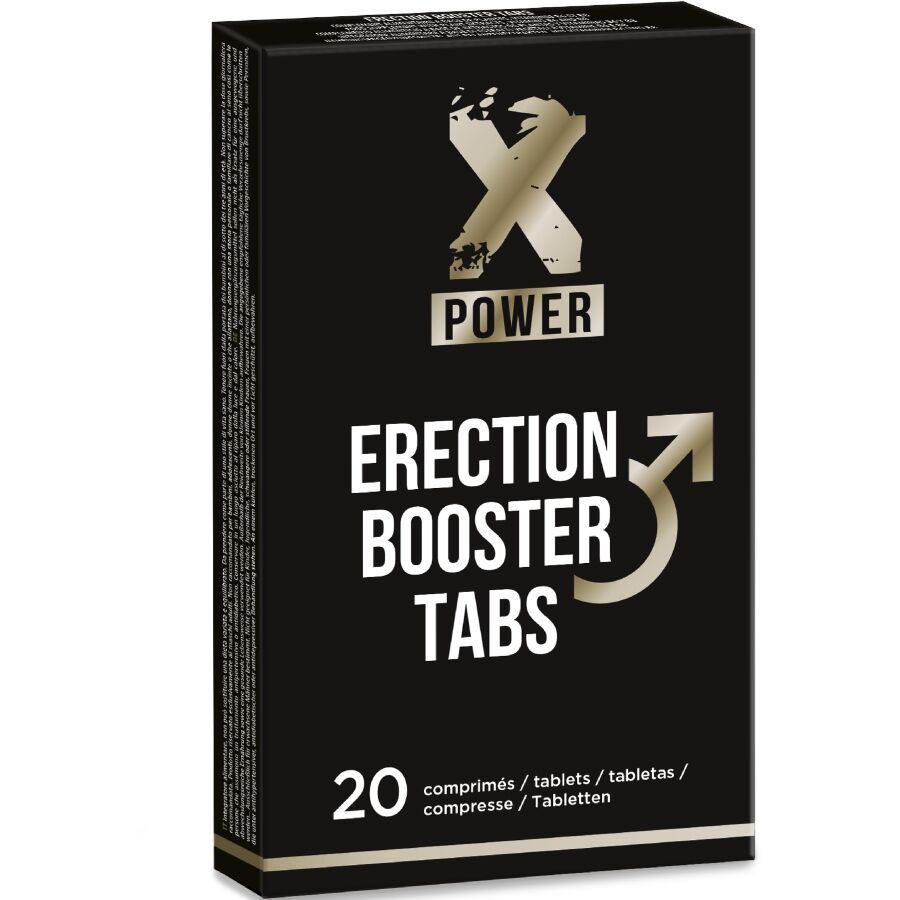 Schwarze Schachtel mit "X POWER" Logo und "Erection Booster Tabs" Schriftzug. Enthält 20 Tabletten.