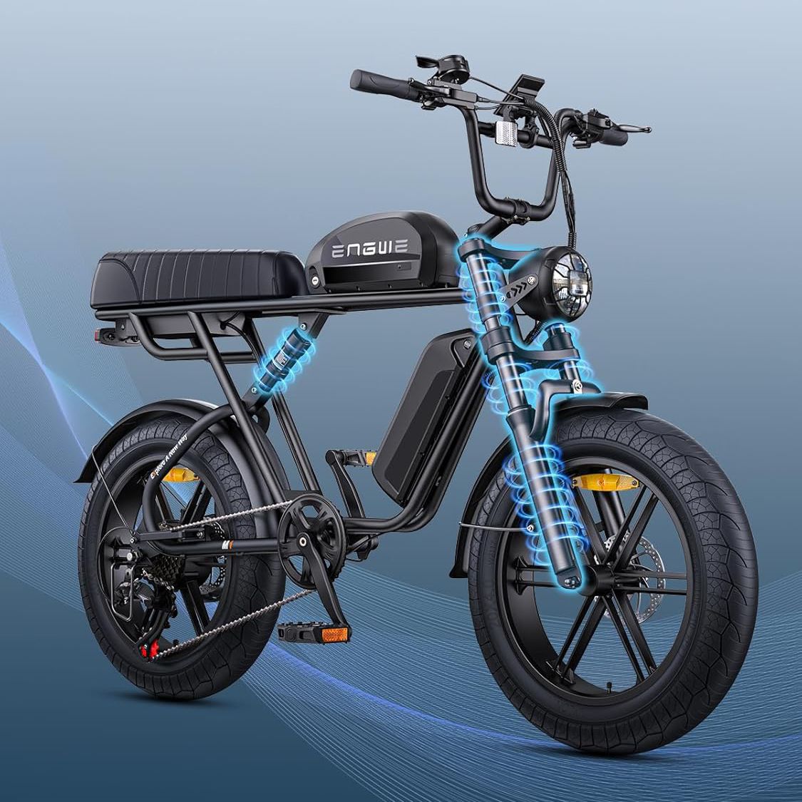 Schwarzes E-Bike. Blaue Linien zeigen Federung. Sichtbar: Rahmen, Sattel, Batterie, Scheinwerfer.
