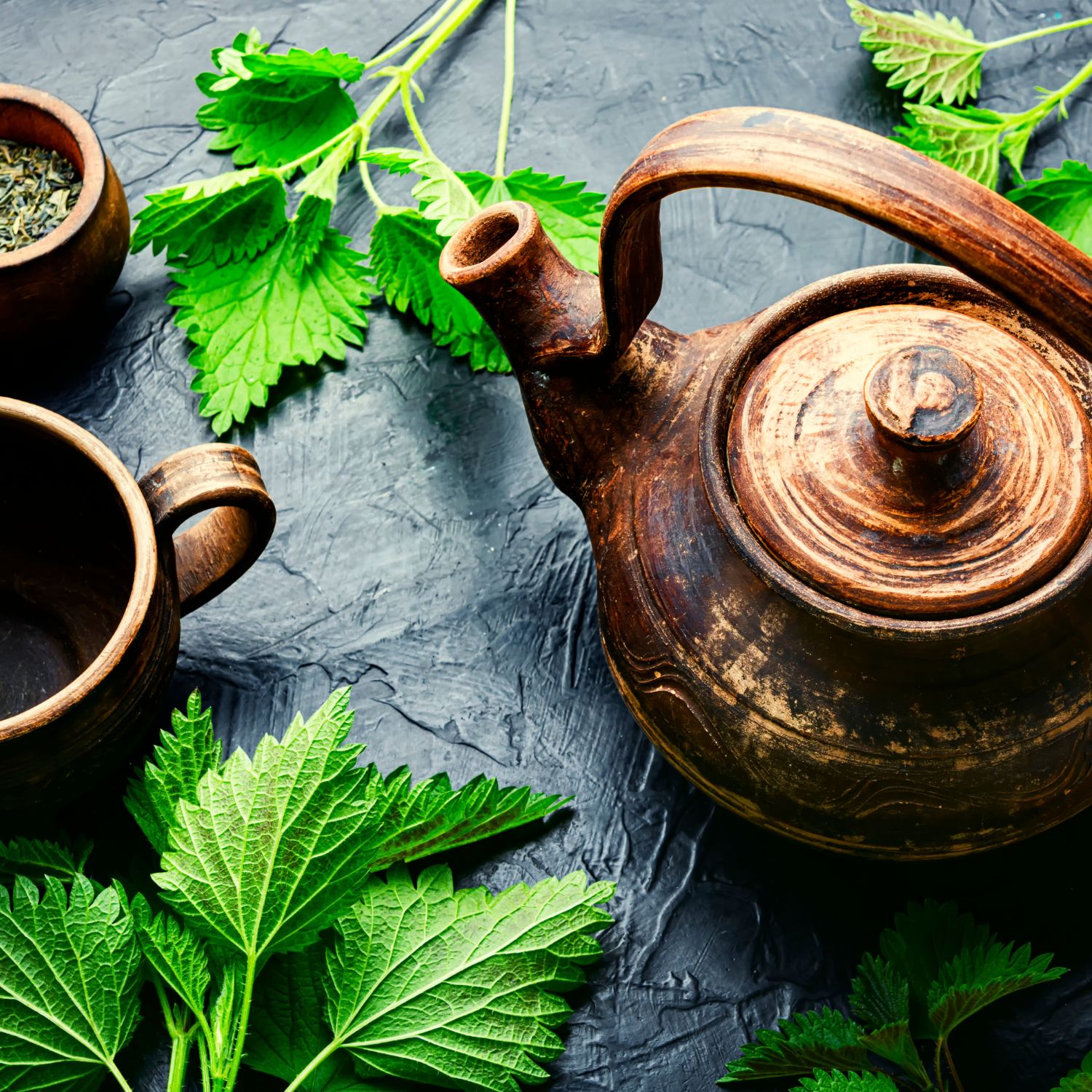 Braune Teekanne und Tasse, umgeben von frischen Brennnesselblättern. Auf dunklem Untergrund.