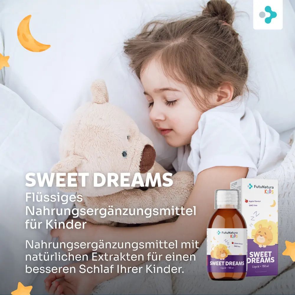 Kind schläft mit Teddybär. Daneben Flasche und Verpackung. Aufschrift: Sweet Dreams. Nahrungsergänzungsmittel für Kinder.