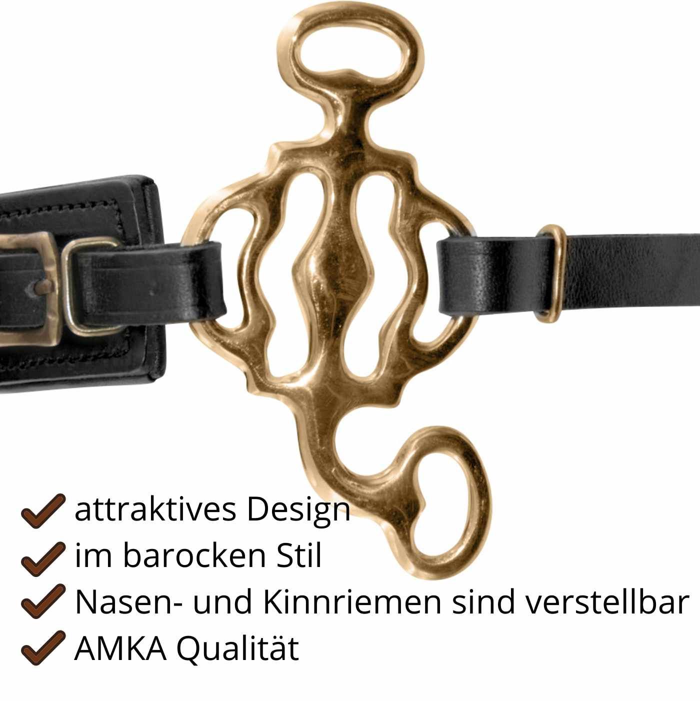 Hackamore im barocken Stil mit verstellbaren Nasen- und Kinnriemen. AMKA Qualität. Goldfarbenes Metallteil, schwarze Lederriemen.