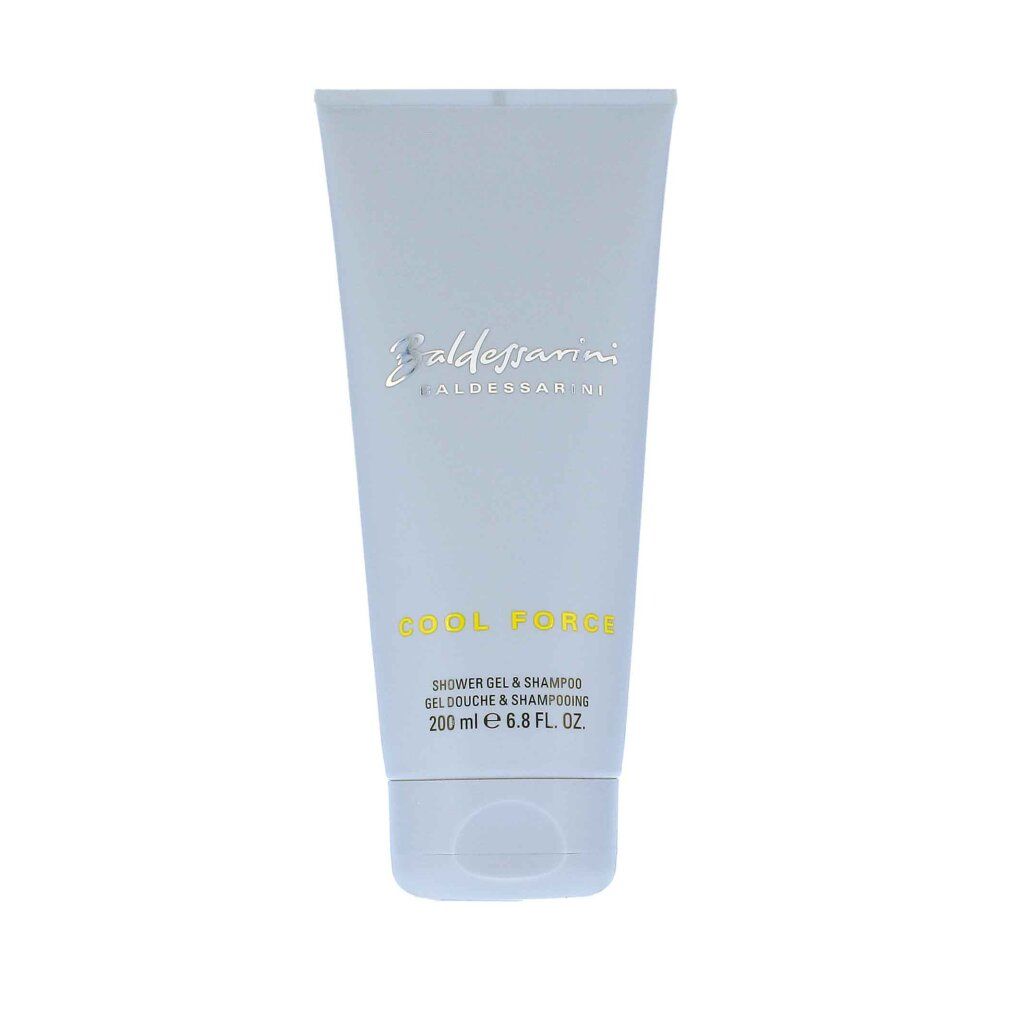 Hellblaue Tube. Schriftzug Baldessarini und Cool Force. Text: Shower Gel & Shampoo, 200 ml.