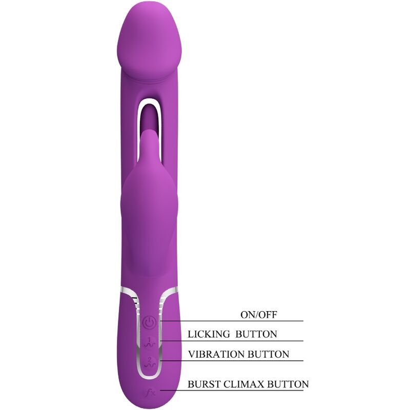Lila Kaninchen-Vibrator mit Beschriftung der Tasten: ON/OFF, LICKING, VIBRATION, BURST CLIMAX.