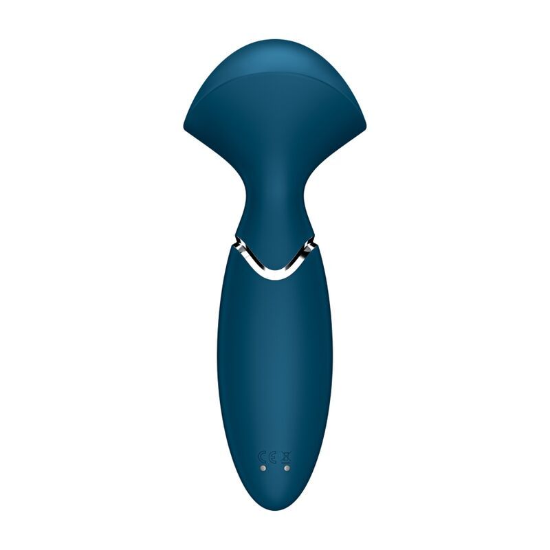 Dunkelblauer Vibrator mit geschwungener Form und silbernem Ring.