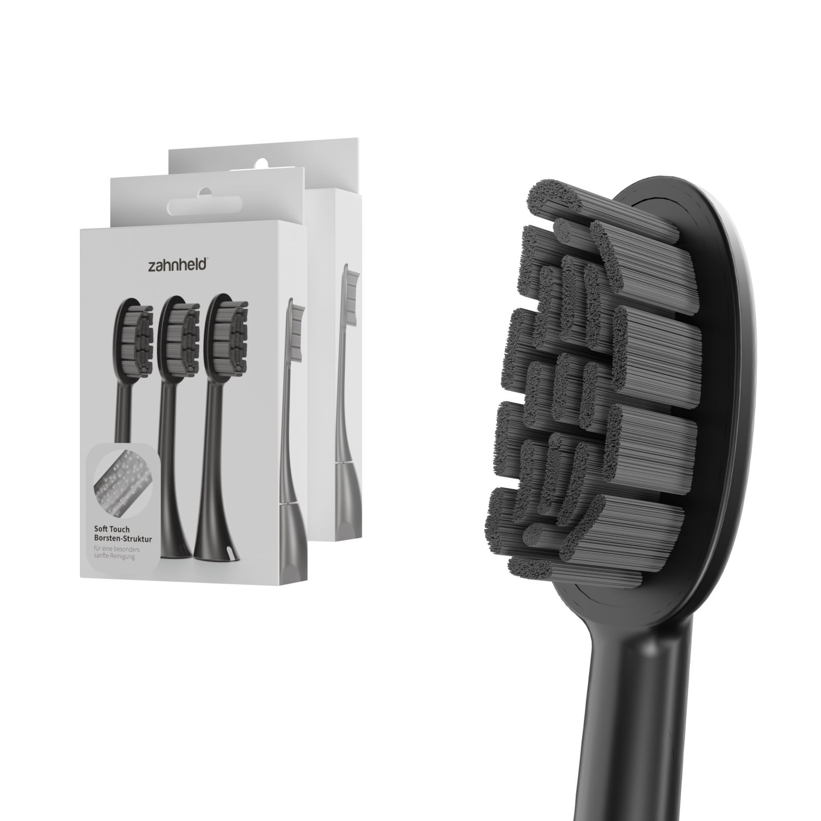 Zahnheld Bürstenkopf, schwarz, mit Verpackung. Mehrere Bürstenköpfe in Kartons. Weiche Borsten.