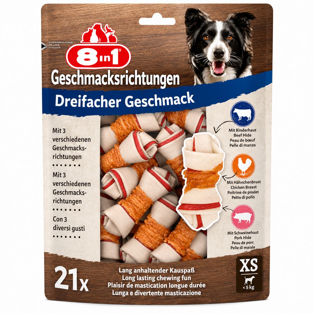 Verpackung mit 21 Kausnacks XS, dreifacher Geschmack, Rinderhaut, Hähnchenbrust und Schweinehaut.