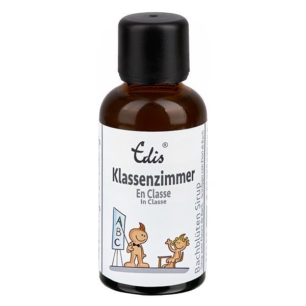 Braune Flasche mit schwarzem Verschluss. Etikett mit Produktname, Illustration und Text. Bachblüten Sirup.