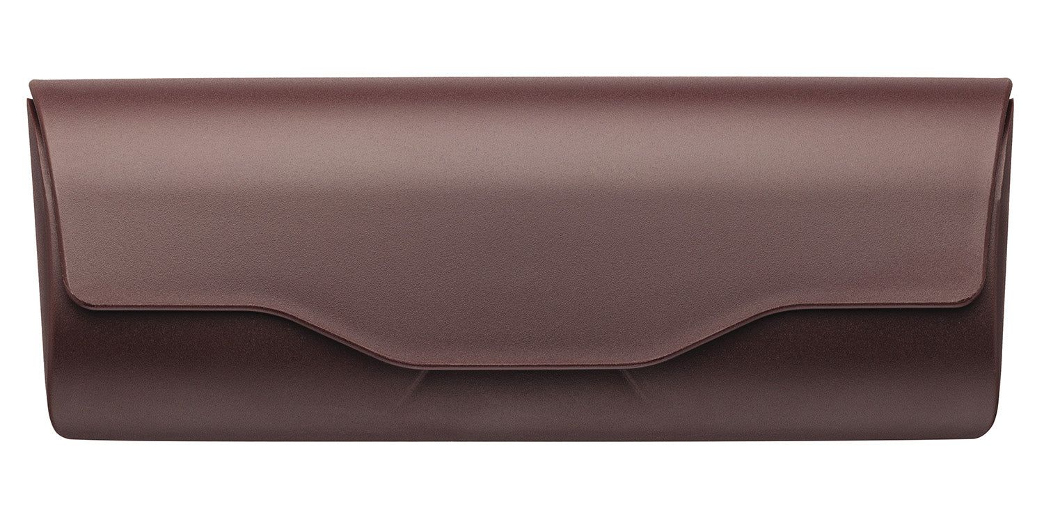 Braunes Kunststoff-Etui, rechteckig mit gewölbter Front. Klappverschluss. Glatte Oberfläche.