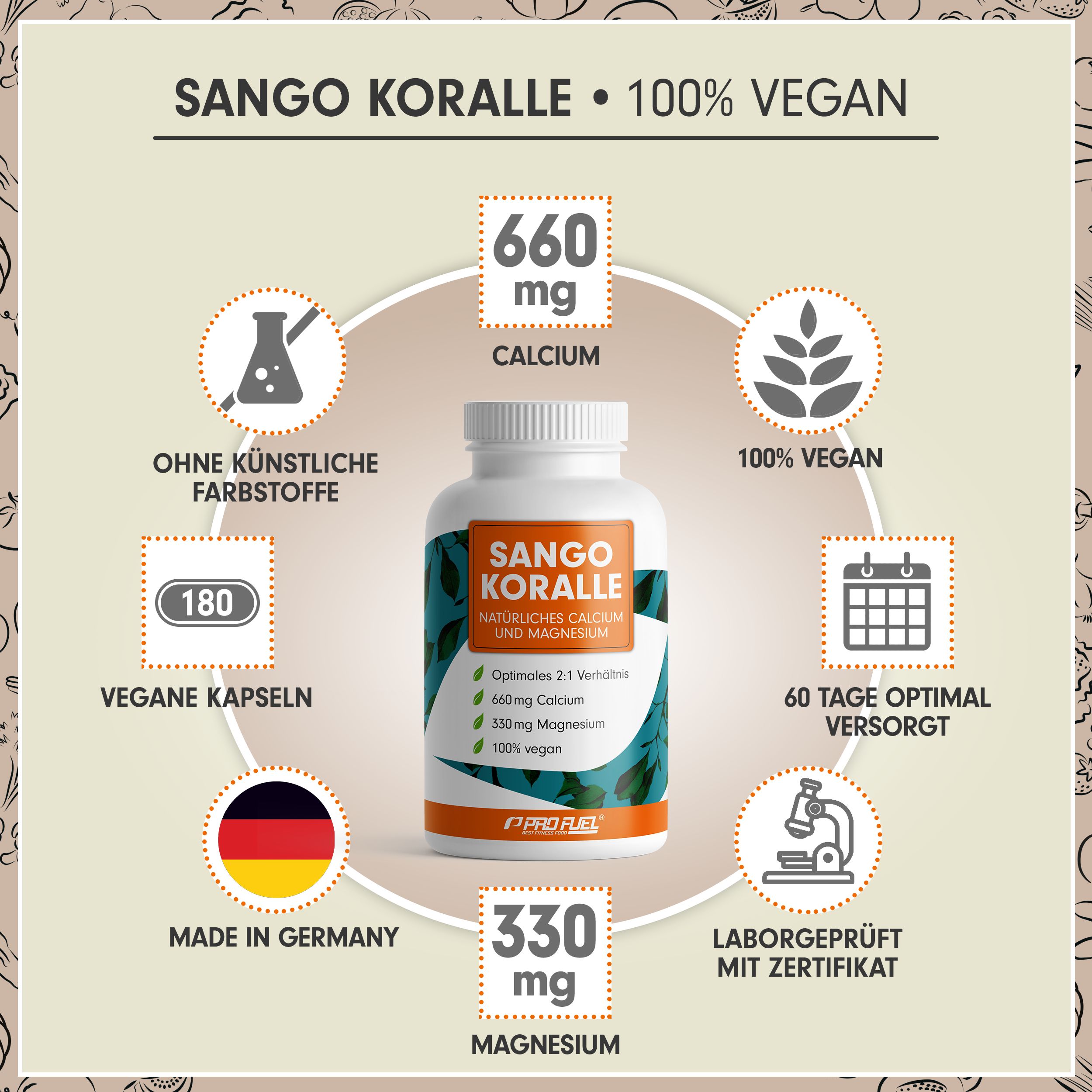Weiße Flasche mit Kapseln. Aufschrift: Sango Koralle, 660mg Calcium, 330mg Magnesium, 100% vegan. Zusätzliche Symbole.