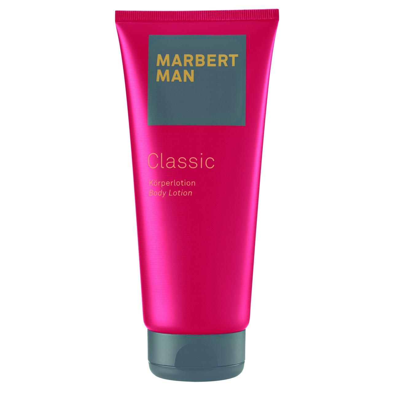 Rosa Tube mit grauem Deckel. Aufschrift: Marbert Man Classic Körperlotion.