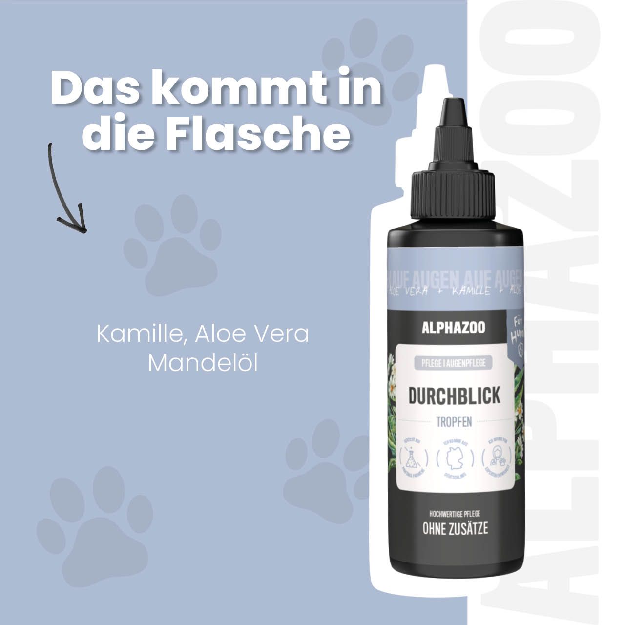 Flasche mit Augenpflege-Tropfen. Text: Kamille, Aloe Vera, Mandelöl. Text: Durchblick Tropfen.