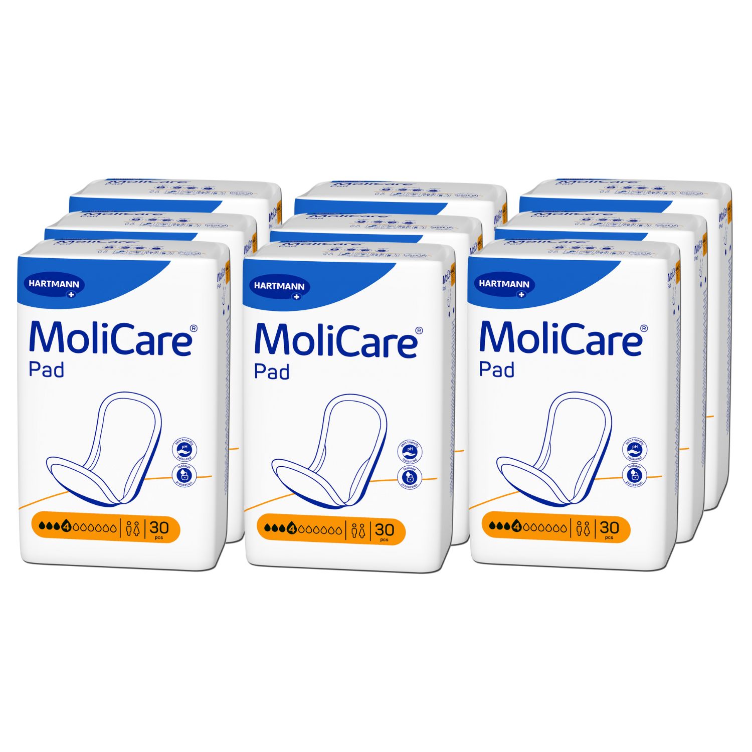 Mehrere Packungen MoliCare Pad. Weiße Verpackung mit blauem Deckel. Aufdruck: MoliCare Pad, Hartmann Logo, Saugstärke.