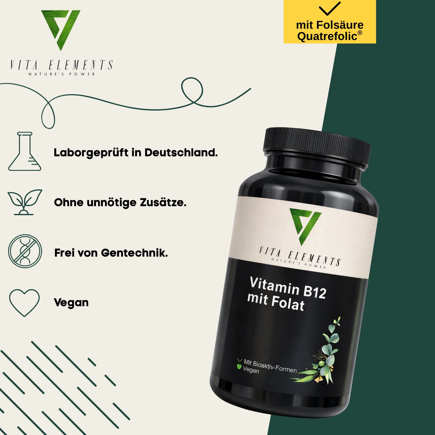 Vita Elements Vitamin B12 mit Folat Dose, mit Icons für Laborprüfung, ohne Zusätze, Gentechnikfrei, Vegan.