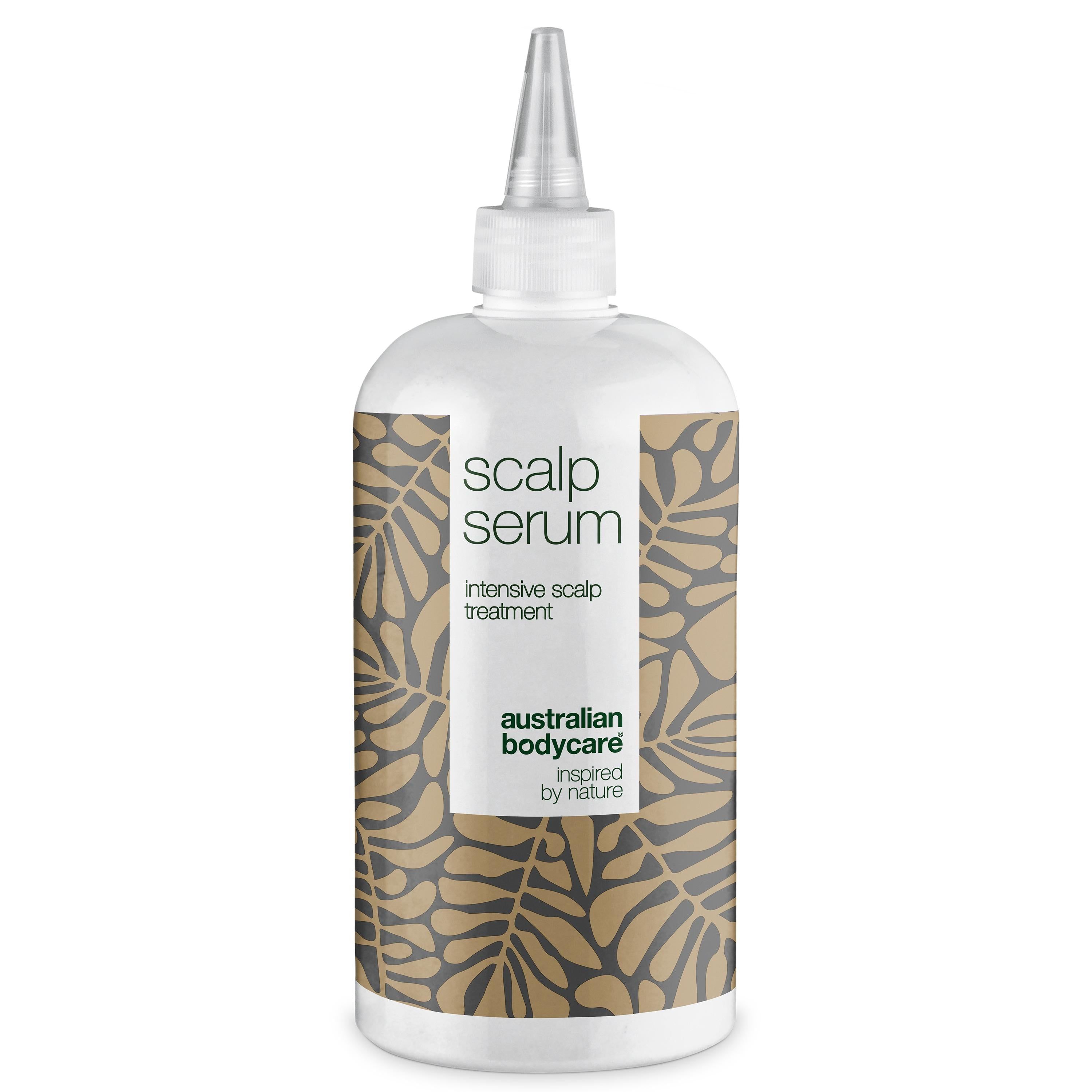 Weißes Serum mit Applikator. Aufschrift: Scalp Serum, intensive scalp treatment. Marke: Australian Bodycare.
